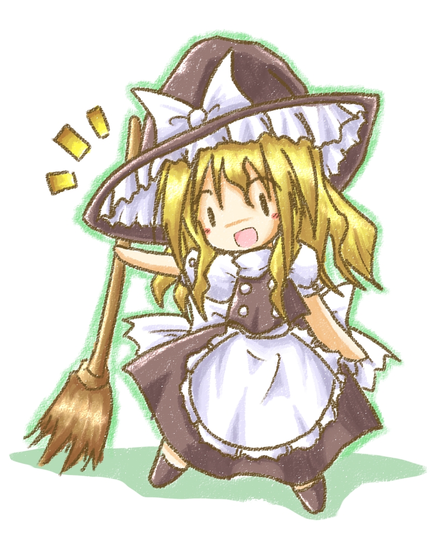 tilde (ice cube), kirisame marisa, touhou, bad id, bad pixiv id, 1girl, blonde hair, broom, chibi, female focus, full body, hat, hat ribbon, ribbon, skirt, solo, white background, witch, witch hat