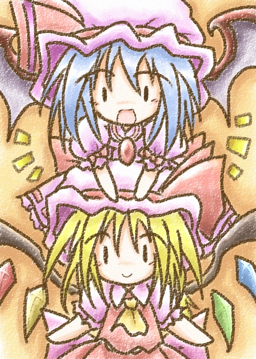 tilde (ice cube), flandre scarlet, remilia scarlet, touhou, bad id, bad pixiv id, ï½ï¾…ï½¾ (pixiv34168), 2girls, bat wings, blonde hair, blue hair, chibi, female focus, hat, hat ribbon, multiple girls, ribbon, siblings, sisters, wings