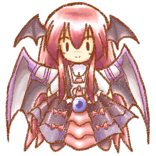 tilde (ice cube), koakuma, embodiment of scarlet devil, touhou, bad id, bad pixiv id, 1girl, alternate costume, bat wings, chibi, female focus, full body, head wings, long hair, red hair, simple background, solo, standing, white background, wings