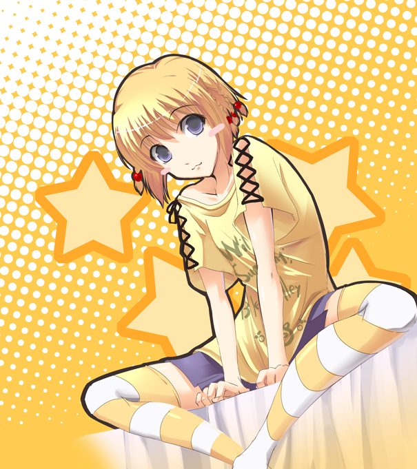 satomi (black scarecrow), kanisawa kinu, tsuyokiss, 1girl, :3, blonde hair, blush, female focus, grey eyes, sitting, solo, stitches, striped clothes, striped thighhighs, thighhighs