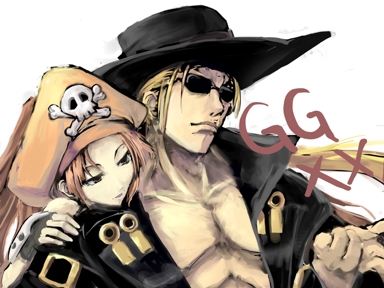 satomi (black scarecrow), johnny (guilty gear), may (guilty gear), arc system works, guilty gear, guilty gear x, guilty gear xx, 1boy, 1girl, belt, black gloves, black hat, blonde hair, brown eyes, brown hair, buckle, closed mouth, collarbone, fingerless gloves, frown, gloves, hand on another's shoulder, hat, long hair, muscular, open clothes, orange hair, orange hat, pirate, simple background, skull and crossbones, sunglasses, text focus, upper body, white background
