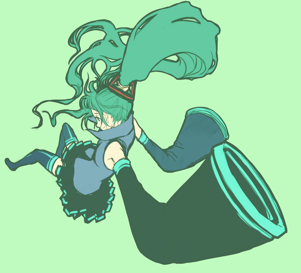 kansou samehada, hatsune miku, vocaloid, bad id, bad pixiv id, aqua hair, solo, thighhighs, twintails, zettai ryouiki