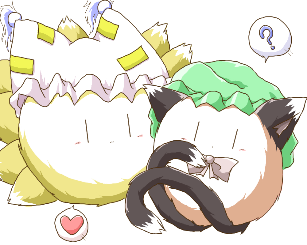 tilde (ice cube), chen, kedama (touhou), yakumo ran, touhou, bad id, bad pixiv id, :<, :3, ?, animal ears, animal hat, cat ears, cat tail, female focus, foe, fox tail, hat, heart, mob cap, multiple tails, no humans, tail, tassel, white background, | |