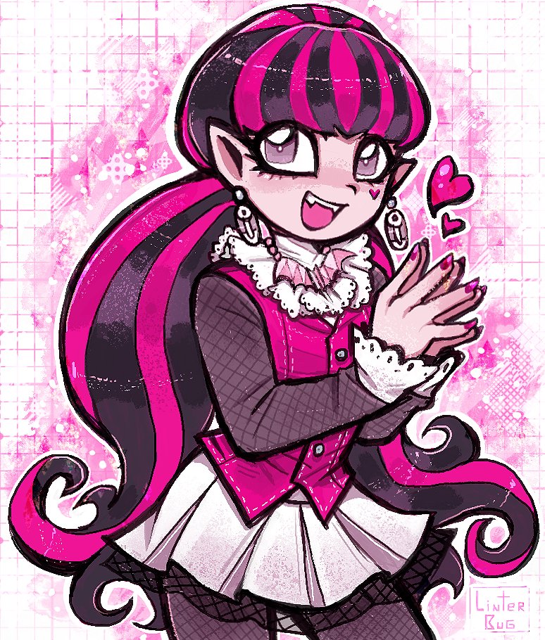 linterteatime, draculaura, monster high, monster high (g1), commentary, english commentary, 1girl, :d, artist name, black hair, black pantyhose, border, buttons, contrapposto, cowboy shot, curly hair, earrings, facial mark, fangs, fishnet pantyhose, fishnet sleeves, fishnets, grey eyes, grid background, heart, heart facial mark, jewelry, lace-trimmed sleeves, lace trim, long hair, long sleeves, looking at viewer, low twintails, lower eyelashes only, miniskirt, multicolored hair, nail polish, necklace, no eyebrows, open mouth, outside border, own hands together, pantyhose, pink background, pink hair, pink nails, pink vest, pleated skirt, pointy ears, simple background, skirt, smile, solo, standing, steepled fingers, streaked hair, teeth, twintails, two-tone hair, upper teeth only, very long hair, vest, white border, white skirt