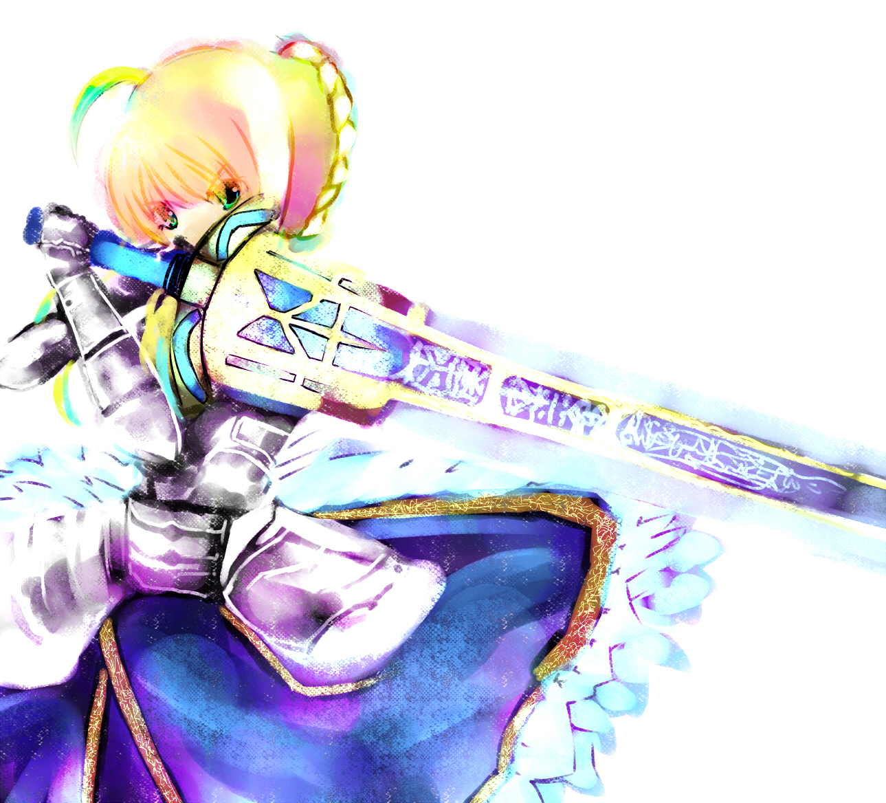 artoria pendragon (fate), saber (fate), fate/stay night, fate (series), 00s, ahoge, armor, armored dress, blonde hair, dress, green eyes, ribbon, sword, weapon