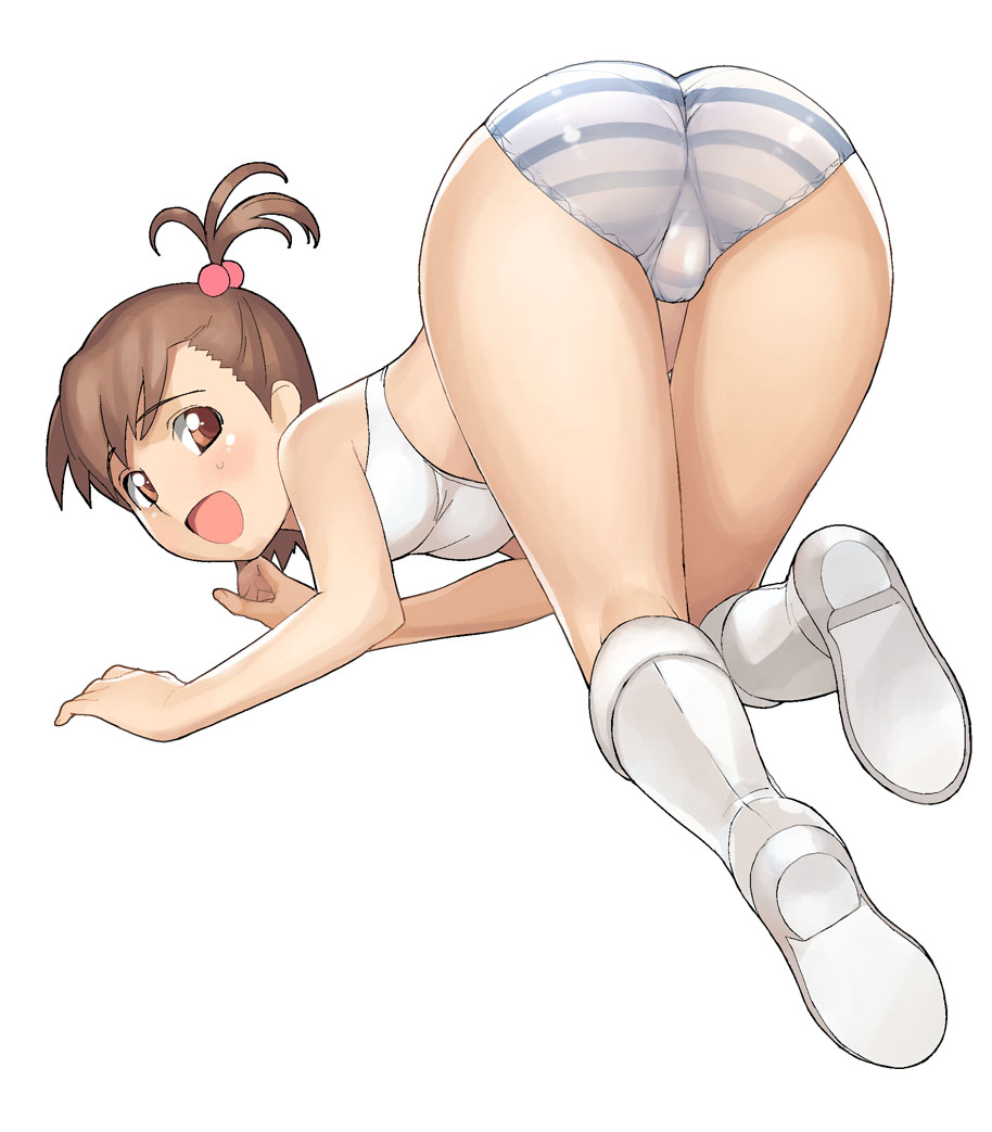 a1 (initial-g), futami mami, idolmaster, idolmaster (classic), idolmaster 1, 00s, 1girl, all fours, ass, bent over, blush, boots, bra, brown eyes, brown hair, embarrassed, female focus, hair bobbles, hair ornament, lingerie, looking back, panties, short hair, side ponytail, solo, striped clothes, striped panties, tears, thigh gap, thighs, top-down bottom-up, trefoil, underwear, underwear only