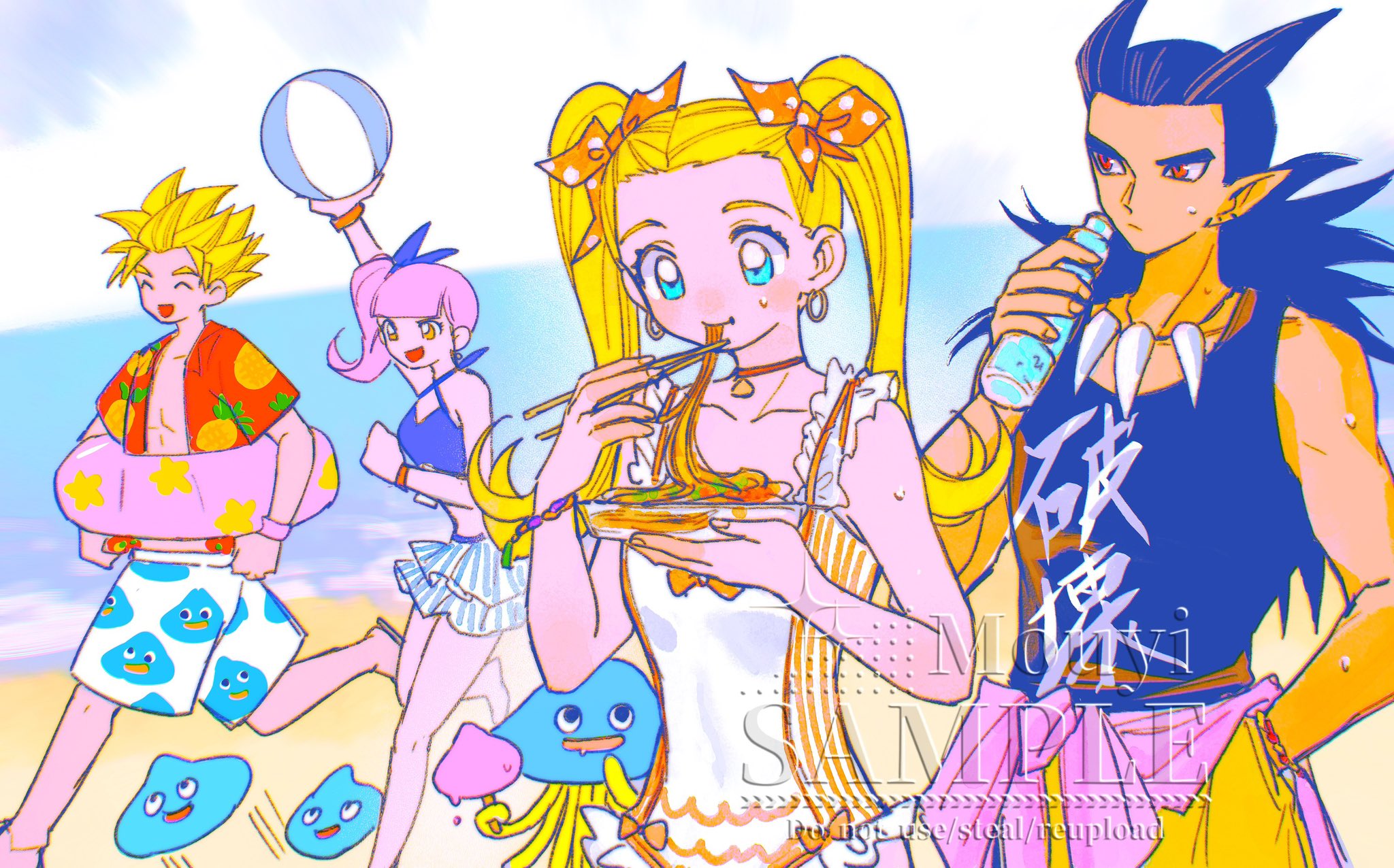 mouyi, female builder (dqb2), male builder (dqb2), man o' war (dragon quest), ruru (dqb2), sidoh (dqb2), slime (dragon quest), dragon quest, dragon quest builders 2, highres, 2boys, 2girls, antenna hair, aqua eyes, artist name, ball, bare shoulders, beach, beachball, black hair, blonde hair, blue shirt, blue tank top, blunt bangs, bottle, braid, breasts, choker, chopsticks, closed eyes, crop top, earrings, eating, food, food print, fruit print, hair ribbon, hand in pocket, hawaiian shirt, holding, holding ball, holding bottle, holding chopsticks, holding swim ring, hoop earrings, innertube, jewelry, low twintails, male swimwear, medium breasts, multiple boys, multiple girls, necklace, noodles, ocean, one-piece swimsuit, open mouth, orange eyes, pants, pineapple print, pink hair, pointy ears, polka dot, polka dot ribbon, print male swimwear, red eyes, red shirt, ribbon, sample watermark, sandals, shirt, short hair, side ponytail, skirt, smile, spiked hair, striped clothes, striped skirt, sweat, swim ring, swimsuit, tank top, tooth necklace, twin braids, twintails, watermark, white one-piece swimsuit, yellow pants