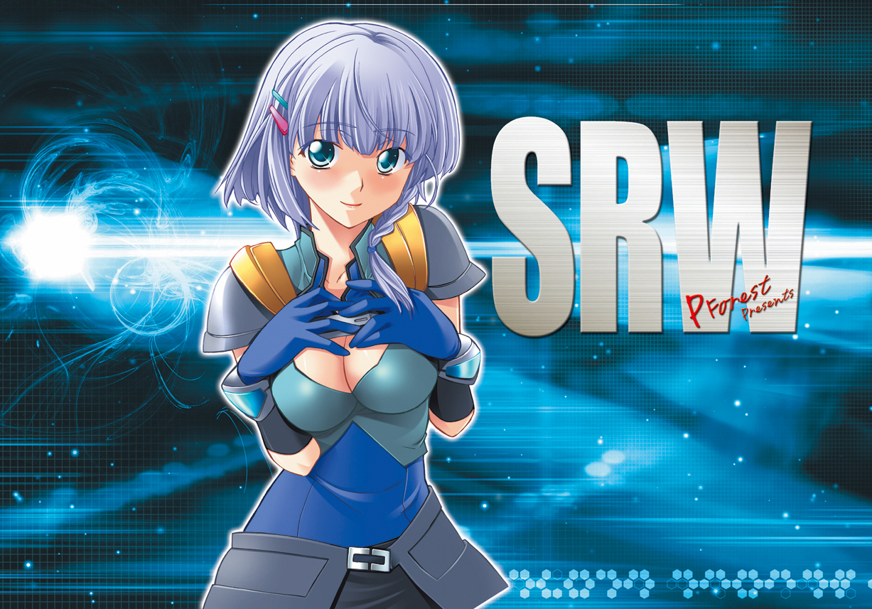hozumi takashi, seolla schweizer, banpresto, super robot wars, silver hair, 1girl, blue eyes, breasts, cleavage, female focus, hair ornament, hairclip, medium breasts, short hair, smile, solo