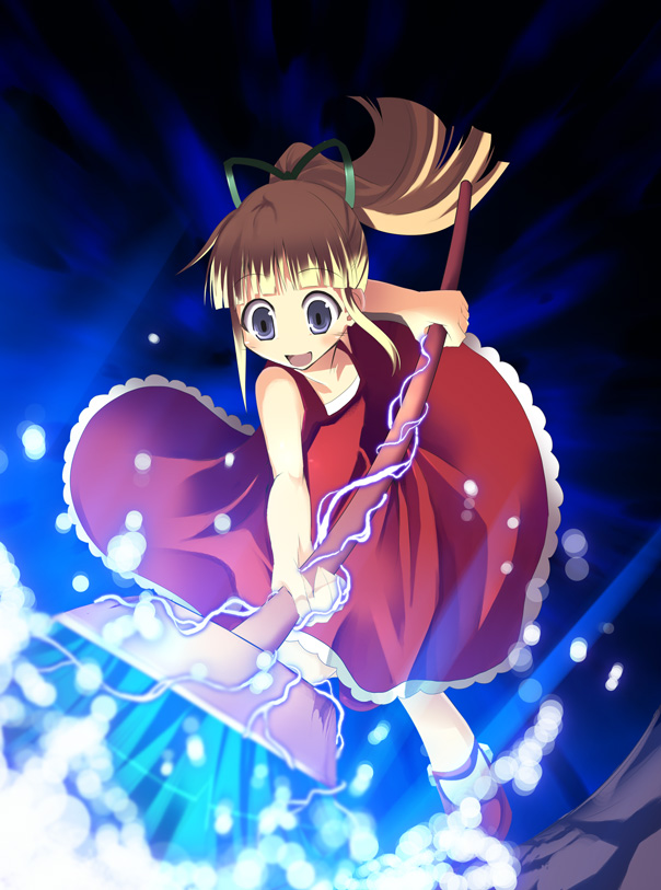satomi (black scarecrow), roll (mega man), capcom, mega man (classic), mega man (series), 1girl, :d, android, blonde hair, blush, broom, dutch angle, electricity, female focus, from below, full body, open mouth, running, smile, solo, surprised, tareme, wide-eyed