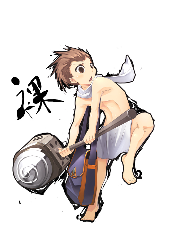 satomi (black scarecrow), karol capel, tales of (series), tales of vesperia, 00s, 1boy, barefoot, child, full body, male focus, official alternate costume, simple background, solo, topless male, white background