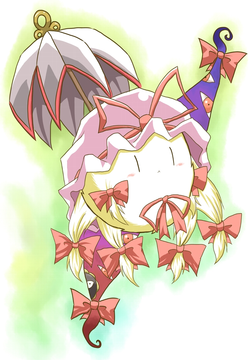 tilde (ice cube), dark matter (kirby), kedama (touhou), yakumo yukari, kirby (series), nintendo, touhou, bad id, bad pixiv id, highres, blonde hair, crossover, foe, gap (touhou), hair ribbon, hat, long hair, ribbon, umbrella, | |
