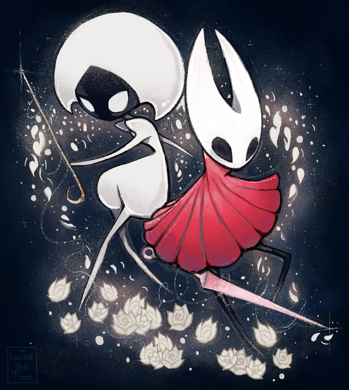linterteatime, hornet (hollow knight), lace (hollow knight), hollow knight, hollow knight: silksong, commentary, english commentary, highres, 2girls, arthropod girl, back-to-back, black background, blank eyes, bodysuit, cloak, floral background, flower, full body, glowing, hat, holding, holding weapon, hollow eyes, horned mask, juliet sleeves, long sleeves, looking at viewer, mask, multiple girls, needle (hollow knight), no mouth, pin (hollow knight), puffy sleeves, red cloak, rose, simple background, standing, standing on one leg, weapon, white bodysuit, white flower, white hat, white mask, white rose