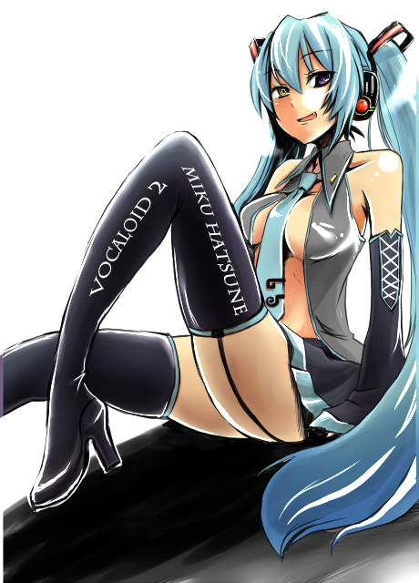 pochi (pochi-goya), hatsune miku, vocaloid, bad id, bad pixiv id, 1girl, blouse, blue hair, detached sleeves, fang, female focus, garter belt, heterochromia, high heels, long hair, necktie, open clothes, open shirt, shirt, shoes, skirt, solo, thighhighs, twintails, very long hair
