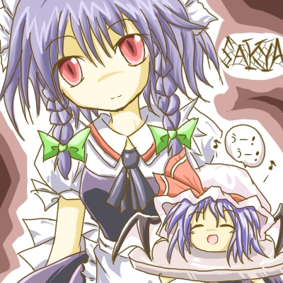 tilde (ice cube), izayoi sakuya, remilia scarlet, touhou, bad id, bad pixiv id, lowres, 2girls, bat wings, blue hair, braid, female focus, hair ribbon, hat, maid, multiple girls, plate, red eyes, ribbon, solo, twin braids, wings, yukkuri shiteitte ne