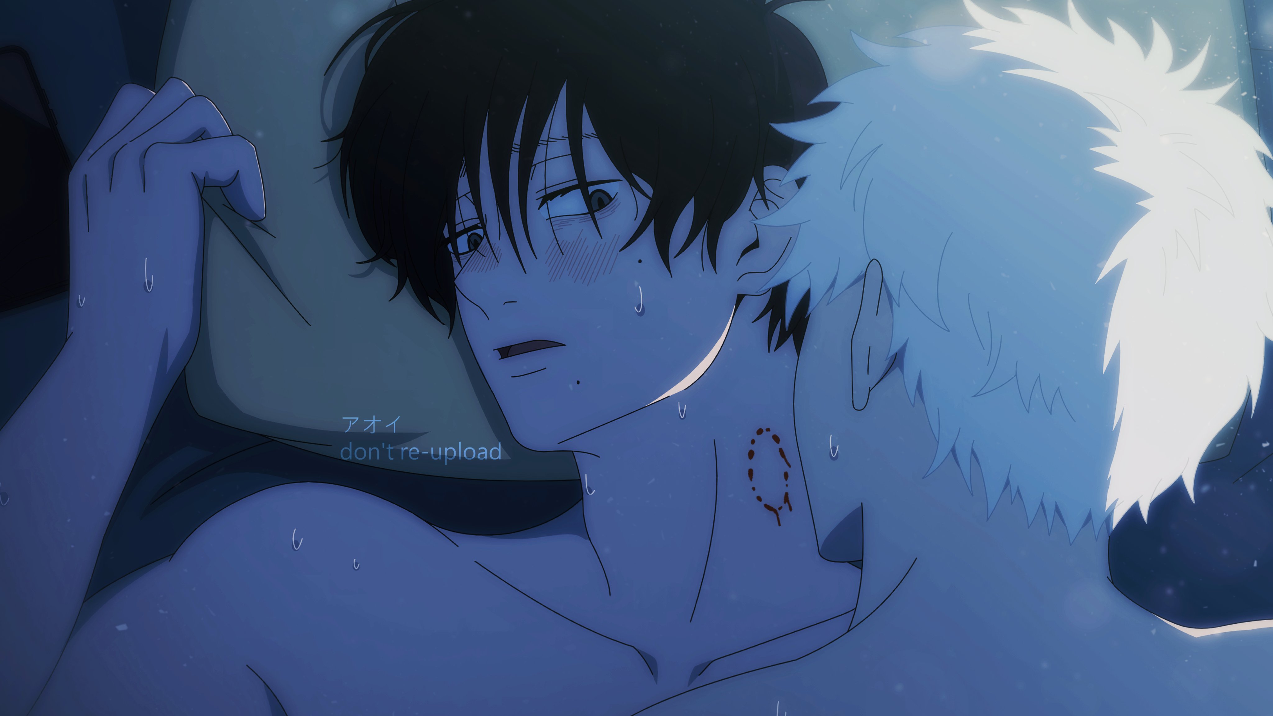 indou hikaru, tsujinaka yoshiki, hikaru ga shinda natsu, absurdres, highres, 2boys, akiatelier, bite mark, black hair, bleeding, blood, blush, boy on top, looking at another, lying, male focus, mole, mole on cheek, mole under mouth, multiple boys, multiple moles, nose blush, nude, on back, on bed, open mouth, pillow, short hair, sweat, upper body, white hair, yaoi