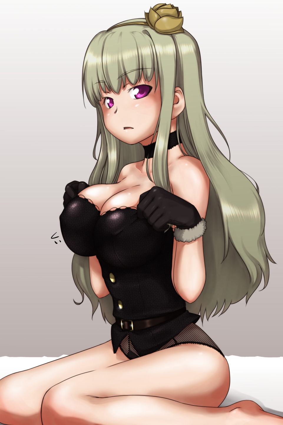 ttomm, shijou takane, idolmaster, idolmaster (classic), idolmaster 1, silver hair, highres, 00s, 1girl, barefoot, breasts, cleavage, female focus, gloves, gradient background, large breasts, long hair, panties, purple eyes, solo, underwear