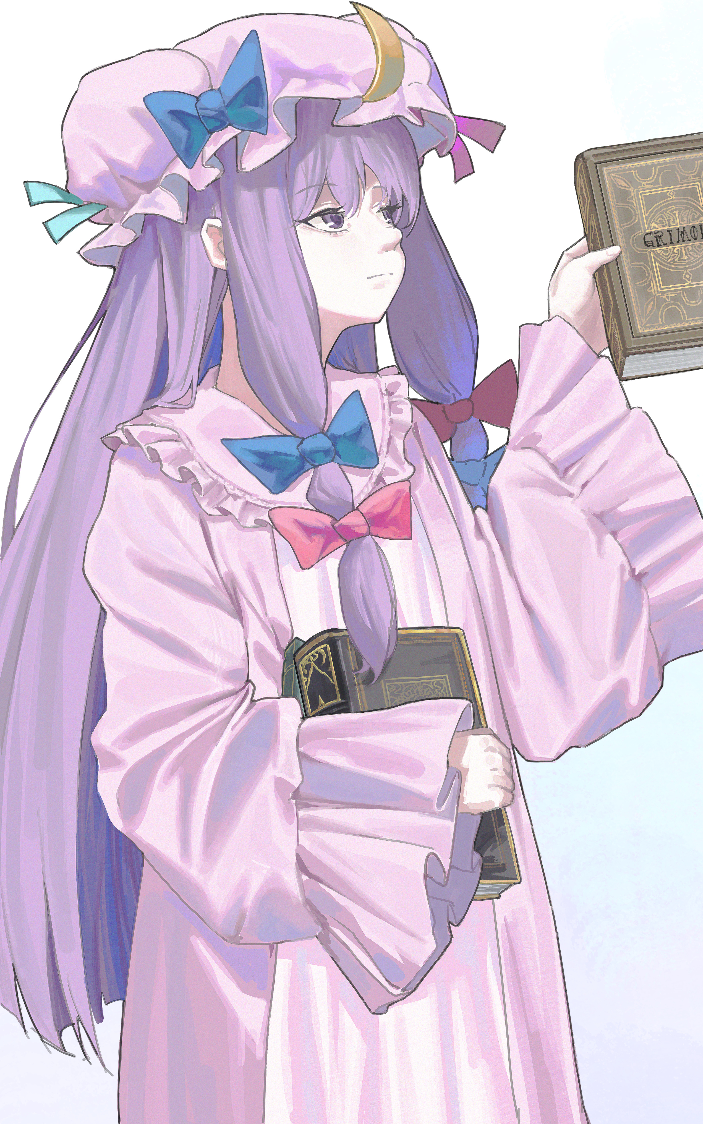 bruce 1354, patchouli knowledge, touhou, absurdres, highres, 1girl, book, bow, crescent, frills, hat, holding, holding book, long hair, long sleeves, nightcap, purple eyes, purple hair, serious, solo
