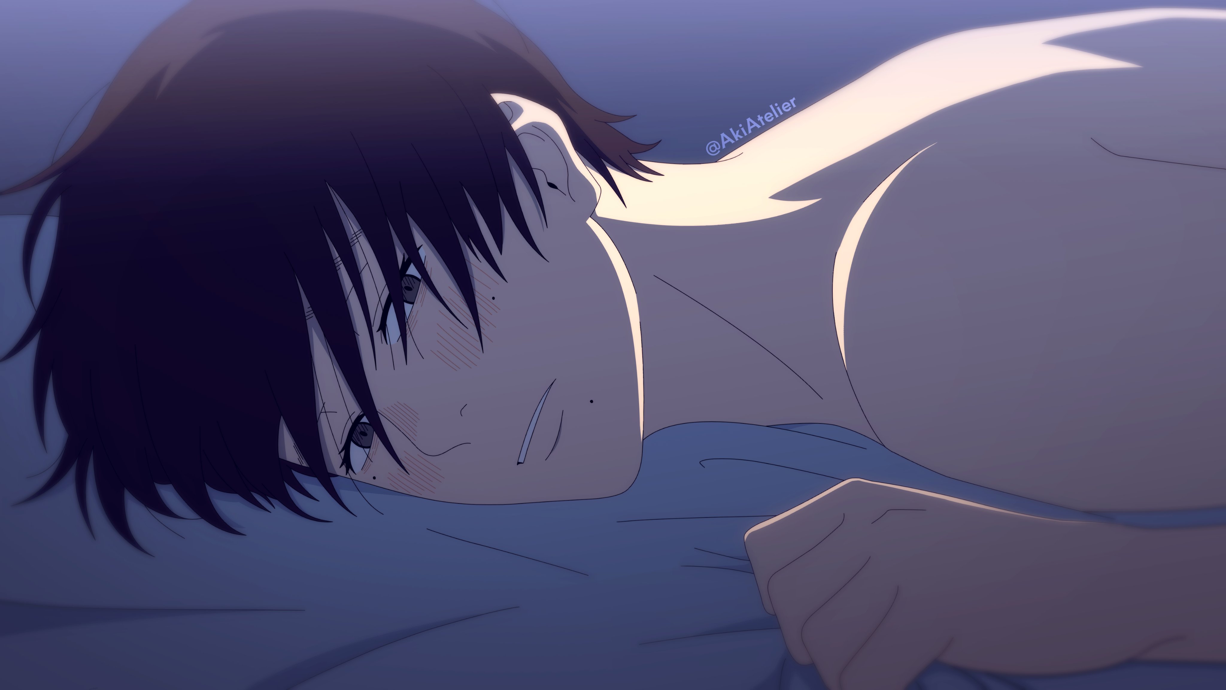 tsujinaka yoshiki, hikaru ga shinda natsu, absurdres, highres, 1boy, akiatelier, black hair, blush, lying, male focus, mole, mole on cheek, mole under eye, mole under mouth, multiple moles, nose blush, nude, on bed, on stomach, parted lips, short hair, solo, sunlight, teeth, twitter username