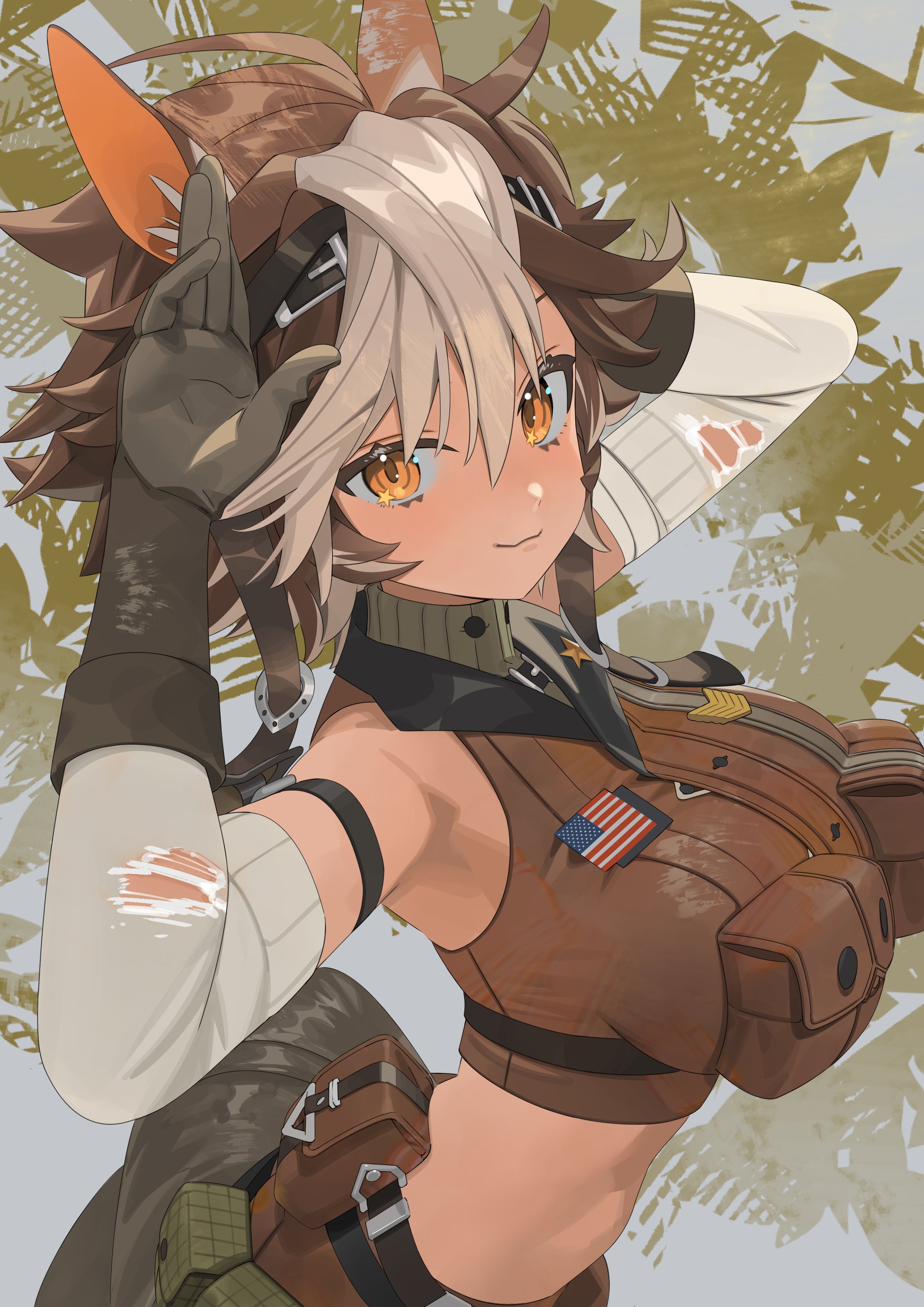 koyo2023, tomoe umari, v-dere, absurdres, commentary, commission, highres, second-party source, skeb commission, 1girl, american flag, animal ears, arms up, bare shoulders, black gloves, breasts, brown hair, character name, closed mouth, crop top, from side, gloves, heart, horse ears, horse tail, large breasts, layered gloves, looking to the side, multicolored hair, orange eyes, pouch, rabbit pose, short hair, smile, solo, star (symbol), star in eye, streaked hair, symbol in eye, tail, thank you, torn clothes, torn gloves, upper body, virtual youtuber, white hair