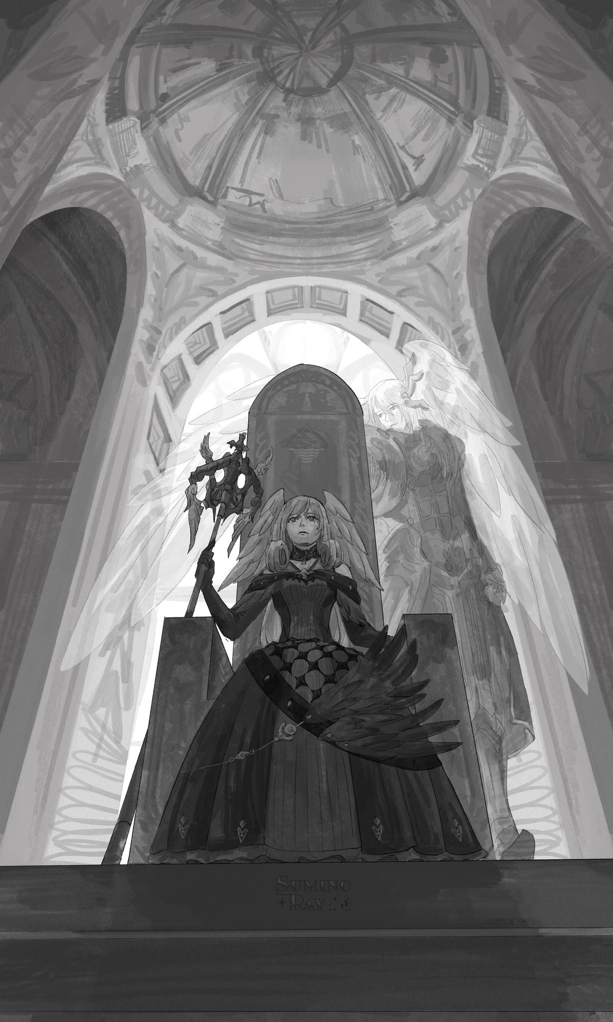 melia antiqua, xenoblade chronicles (series), xenoblade chronicles 3, commentary request, highres, 1girl, closed mouth, curly hair, dress, full body, greyscale, head wings, holding, holding scepter, indoors, long dress, long hair, looking ahead, monochrome, scepter, solo, standing, suminokillgi, throne, wings