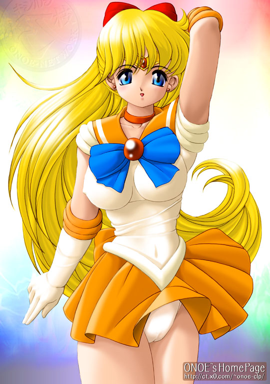 onoe, aino minako, sailor venus, bishoujo senshi sailor moon, 1990s (style), 1girl, arm up, artist name, blonde hair, blue eyes, breasts, cameltoe, covered navel, earrings, elbow gloves, female focus, gloves, impossible clothes, jewelry, large breasts, long hair, magical girl, panties, retro artstyle, sailor senshi uniform, school uniform, serafuku, solo, stud earrings, underwear, watermark, web address