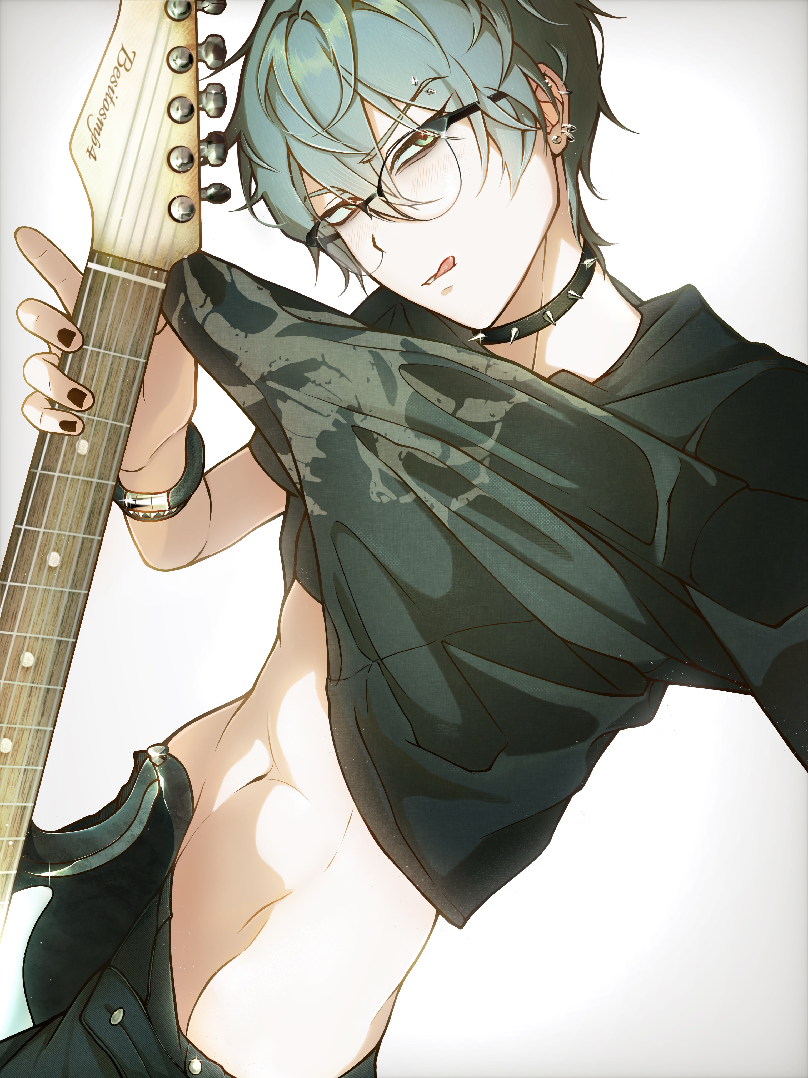 till (alien stage), alien stage, absurdres, commentary, english commentary, highres, 1boy, aqua eyes, artist name, besitosmp4, black-framed eyewear, black choker, black nails, black pants, black shirt, blue hair, bracelet, choker, clothes lift, denim, ear piercing, earrings, electric guitar, eyebrow piercing, face piercing, fender jazzmaster, from side, guitar, hair between eyes, holding, holding guitar, holding instrument, instrument, jeans, jewelry, lifting own clothes, looking at viewer, male focus, navel, pants, piercing, shirt, shirt lift, short hair, simple background, skeleton print, skinny, solo, spiked choker, spikes, white background