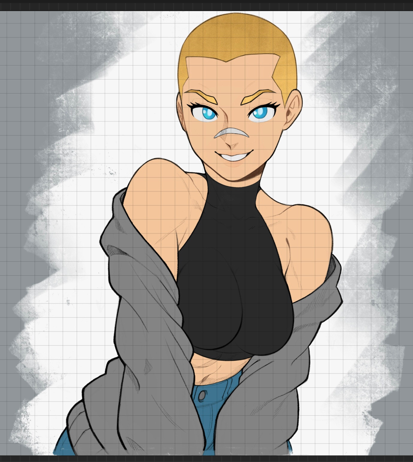 dazeart, original, commentary, english commentary, highres, 1girl, aqua eyes, bandaid, bandaid on face, bandaid on nose, bare shoulders, black shirt, blonde hair, breasts, bright pupils, buzz cut, crop top, eyelashes, grey jacket, jacket, long sleeves, midriff, open clothes, open jacket, shirt, short hair, smile, solo, very short hair, watermark, watermark grid, white pupils
