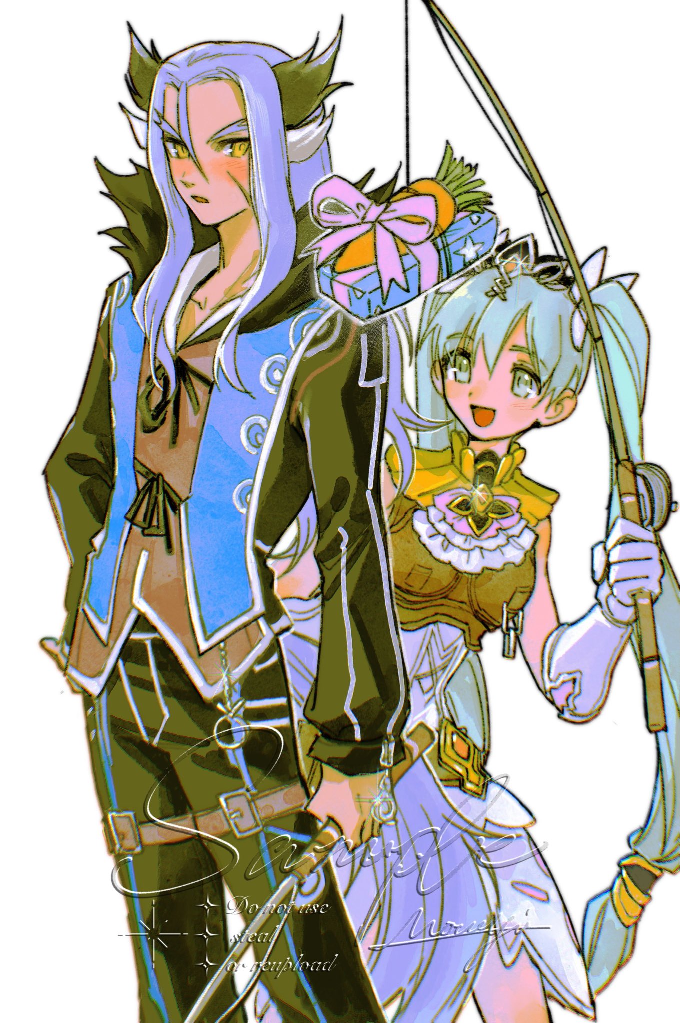 mouyi, diras, frey (rune factory), rune factory, rune factory 4, highres, 1boy, 1girl, animal ear fluff, animal ears, aqua eyes, aqua hair, armor, armored dress, belt, black jacket, black pants, blue hair, blush, box, breastplate, breasts, brown vest, carrot, chest jewel, cow, dress, facial scar, fishing rod, gift, gift box, gloves, hair between eyes, hair ribbon, holding, holding fishing rod, jacket, leather armor, long hair, male focus, medium breasts, open mouth, pants, parted bangs, parted lips, ribbon, scar, scar on cheek, scar on face, smile, thigh belt, thigh strap, twintails, vest, white background, white gloves, white ribbon, yellow eyes