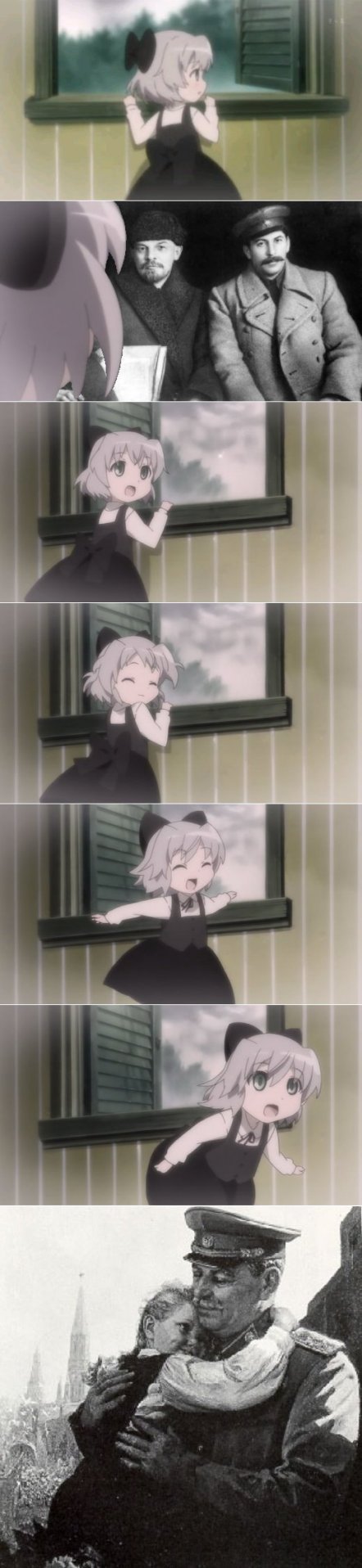 joseph stalin, sanya v. litvyak, vladimir lenin, strike witches, world witches series, clothes, highres, long image, tall image, third-party edit, 00s, closed eyes, communism, hug, open mouth