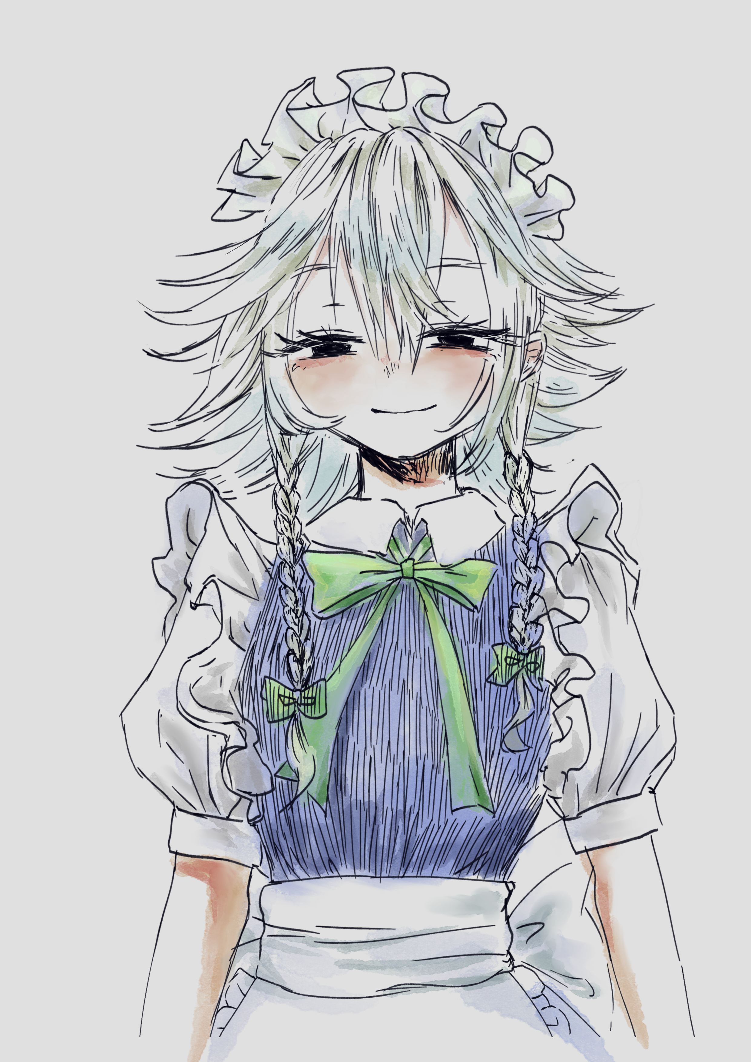 omaega chan, izayoi sakuya, touhou, absurdres, chinese commentary, commentary, highres, 1girl, apron, back bow, black eyes, blue shirt, bow, braid, collared shirt, frilled hairband, frills, green bow, grey hair, hair bow, hairband, hatching (texture), light blush, light smile, looking at viewer, maid, maid headdress, shirt, short hair, short sleeves, simple background, smile, solo, twin braids, upper body, waist apron, white background