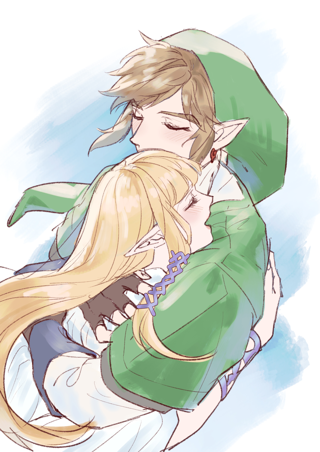 kurokawa karasu, link, princess zelda, nintendo, the legend of zelda, the legend of zelda: skyward sword, highres, 1boy, 1girl, arm around back, blonde hair, blue ribbon, blunt bangs, blush, couple, dress, earrings, fingerless gloves, gloves, green hat, green tunic, hair ribbon, hat, hetero, hug, jewelry, long hair, open mouth, phrygian cap, pointy ears, ribbon, shirt, short hair, sidelocks, sketch, smile, tunic, upper body, white dress, white shirt