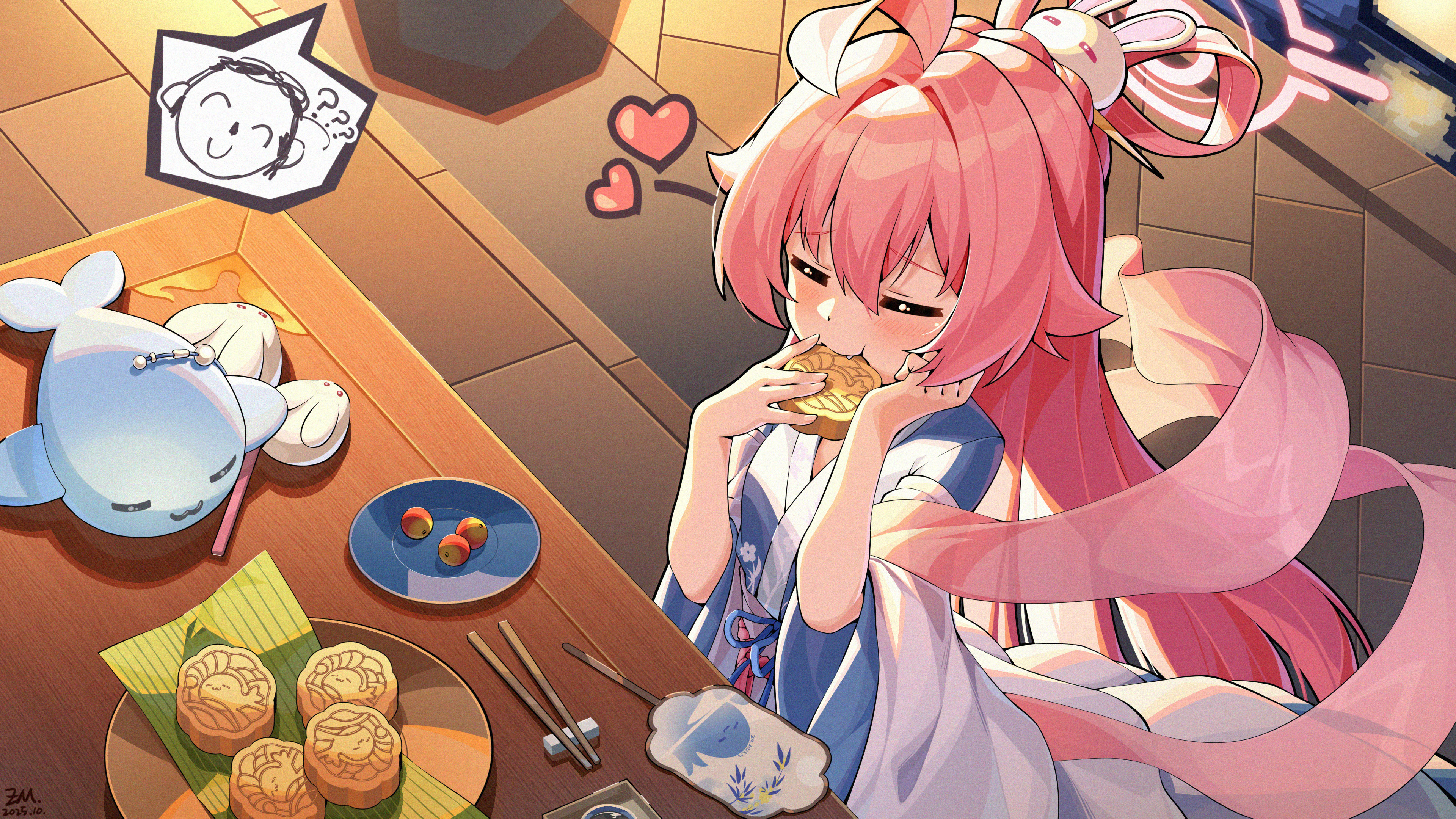 jfzm001, doodle sensei (blue archive), hoshino (blue archive), sensei (blue archive), blue archive, absurdres, highres, 1girl, ?, ??, ahoge, alternate costume, blue dress, blush, chinese clothes, chopsticks, closed eyes, dress, eating, fang, hair rings, halo, hand fan, hanfu, heart, huge ahoge, inflatable toy, lantern, long hair, mid-autumn festival, mooncake, pink hair, pink halo, sitting