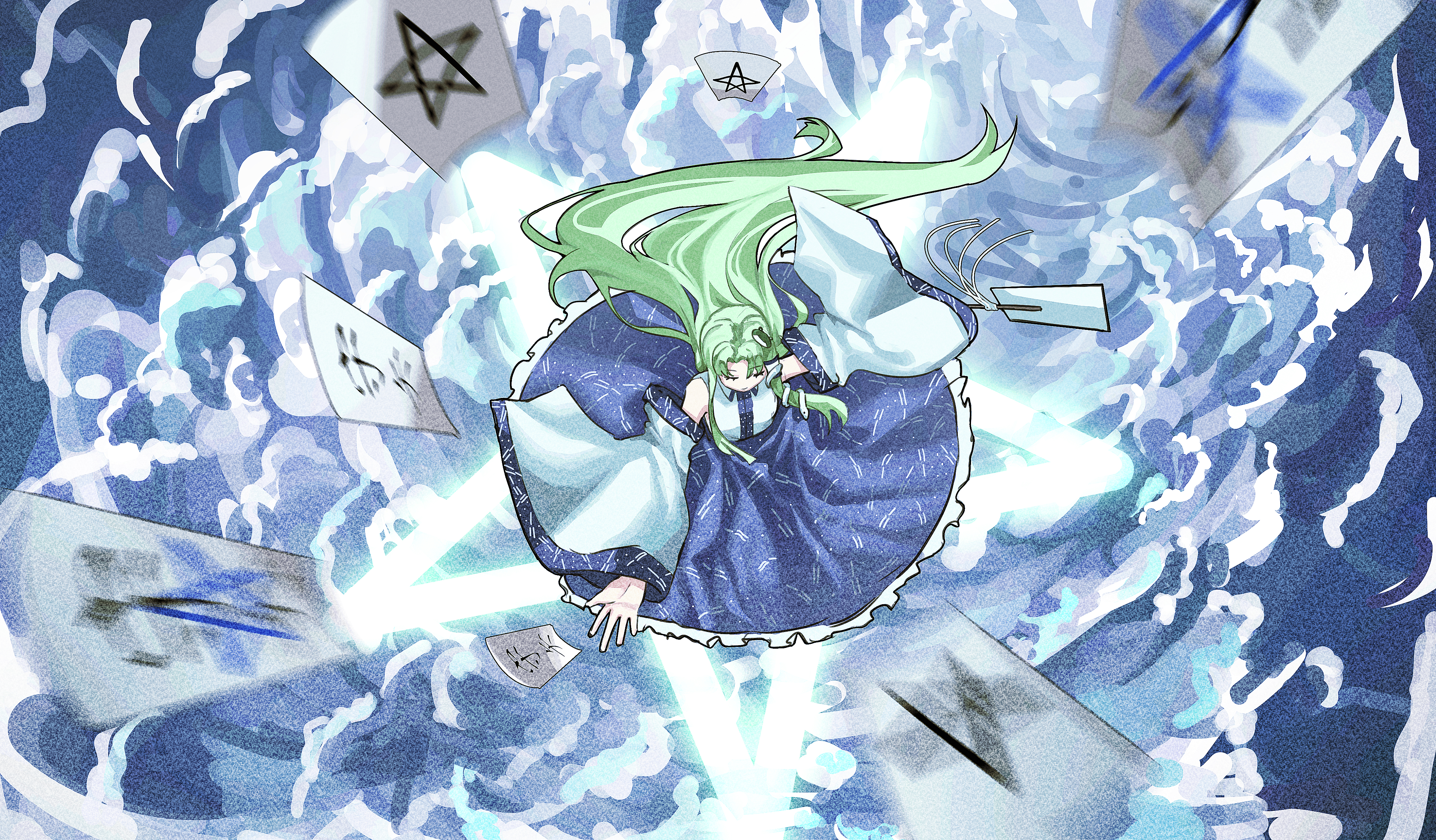 bruce 1354, kochiya sanae, touhou, absurdres, highres, 1girl, blue dress, detached sleeves, dress, dynamic pose, energy, floating, green hair, hair ribbon, long hair, magic circle, ofuda, pentagram, ribbon, skirt, solo, spell, wide sleeves
