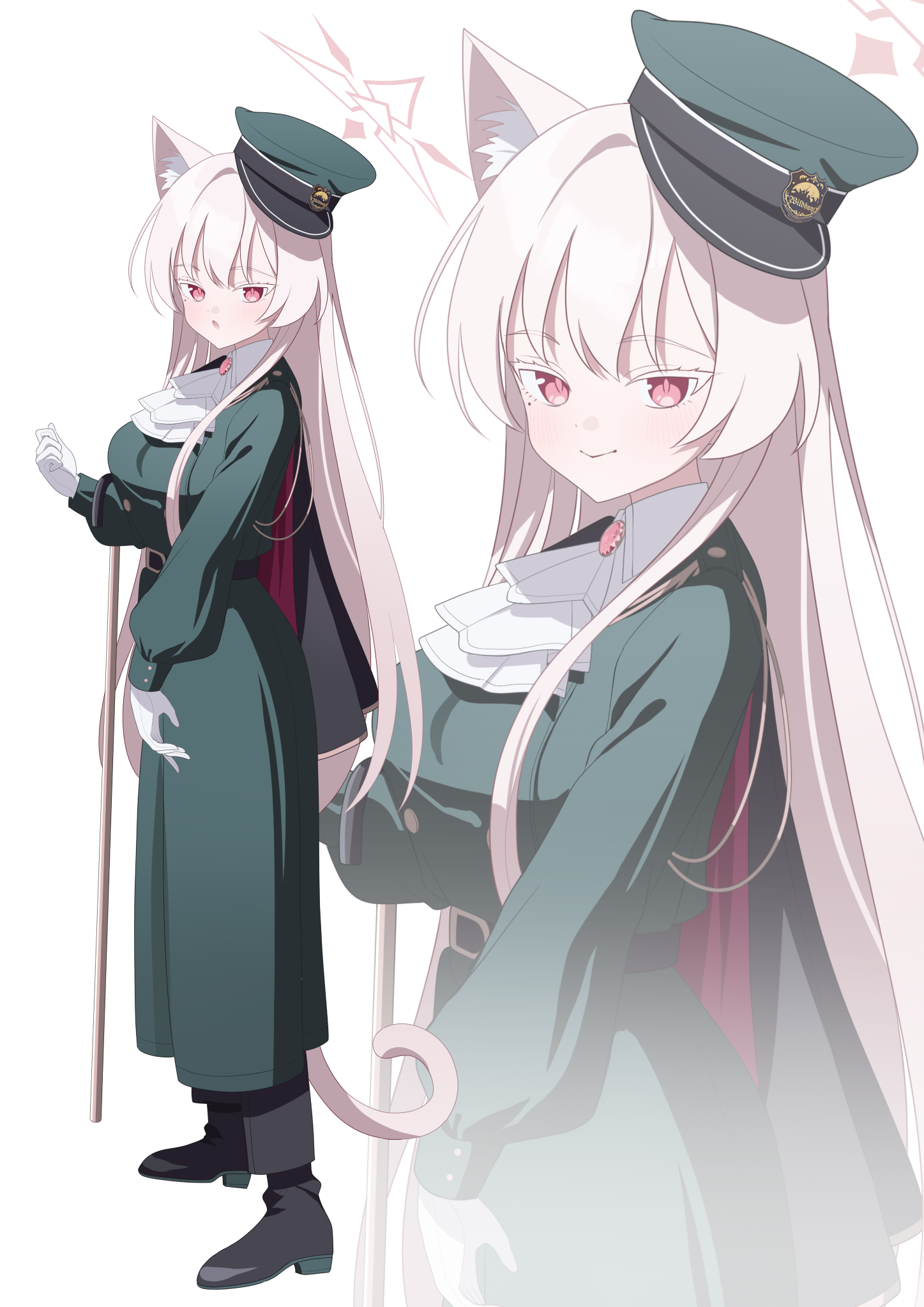 kaerunrun, akira (blue archive), akira (miria) (blue archive), blue archive, commentary, highres, 1girl, :o, animal ear fluff, animal ears, ascot, blush, breasts, cape, cat ears, cat girl, cat tail, dress, gloves, green dress, green hat, halo, hat, hat over one ear, large breasts, long hair, long sleeves, looking at viewer, peaked cap, pink eyes, pink hair, smile, solo, tail, very long hair, white ascot, white gloves, zoom layer
