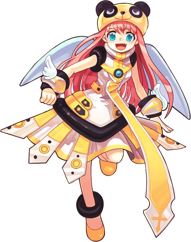 asgard, nexon, artist request, official art, second-party source, 1girl, animal ear headwear, animal ears, anklet, aqua eyes, aqua gemstone, arms at sides, bracelet, breasts, cross, facing viewer, fake animal ears, fang, fantasy, flats, full body, gem, hair between eyes, hat, jewelry, latin cross, leg up, long hair, long shirt, looking at viewer, medium breasts, miniskirt, open mouth, panda ears, panda hat, pink hair, shirt, shoes, simple background, skirt, sleeveless, sleeveless shirt, solo, straight hair, tongue, transparent background, turtleneck, very long hair, white shirt, white skirt, white wings, wings, yellow hat, yellow shoes