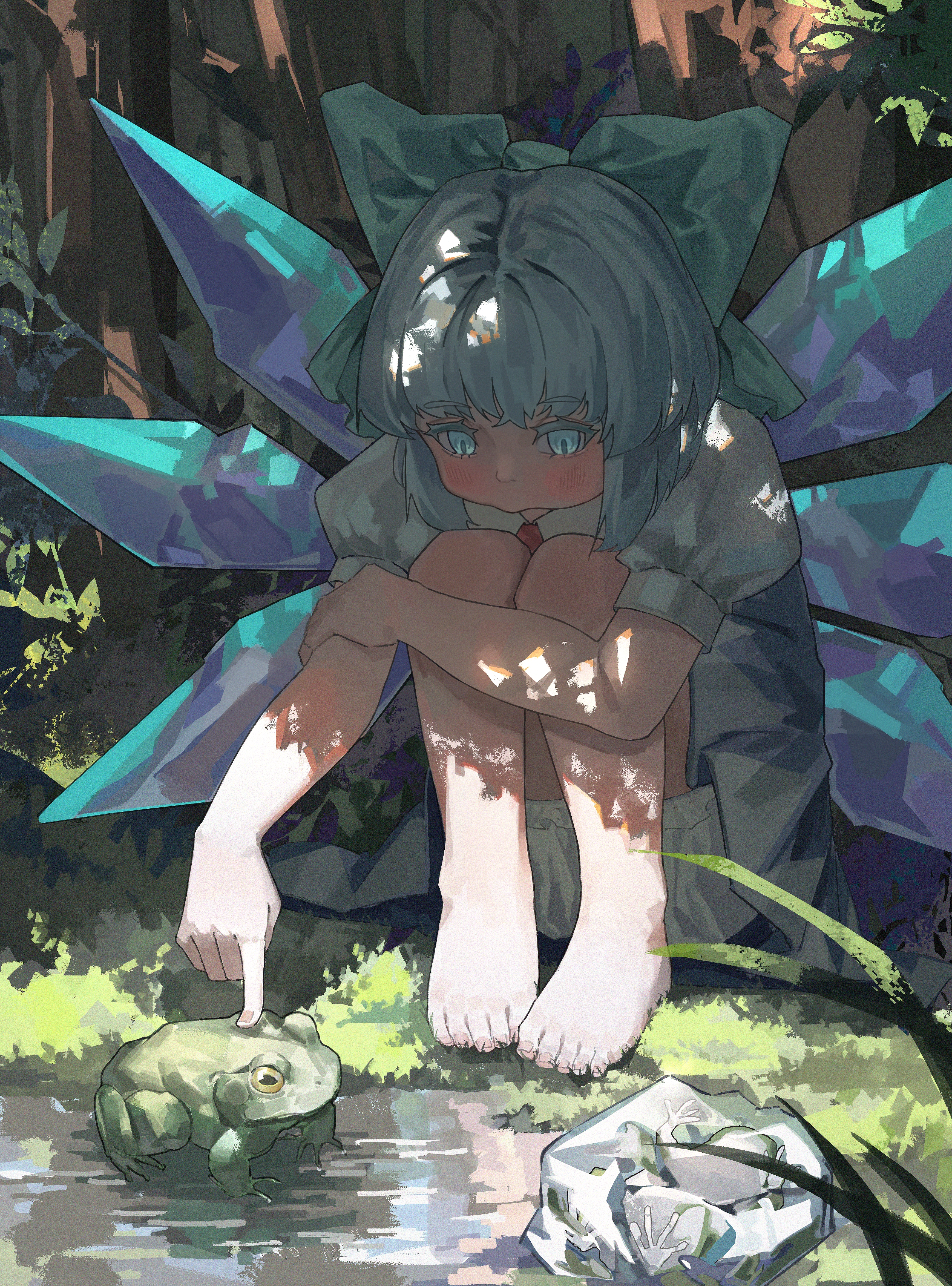 bruce 1354, cirno, touhou, absurdres, highres, 1girl, barefoot, blue eyes, blue hair, bow, crystal wings, feet, forest, frog, large bow, nature, reflection, short hair, sitting, solo, water, wings