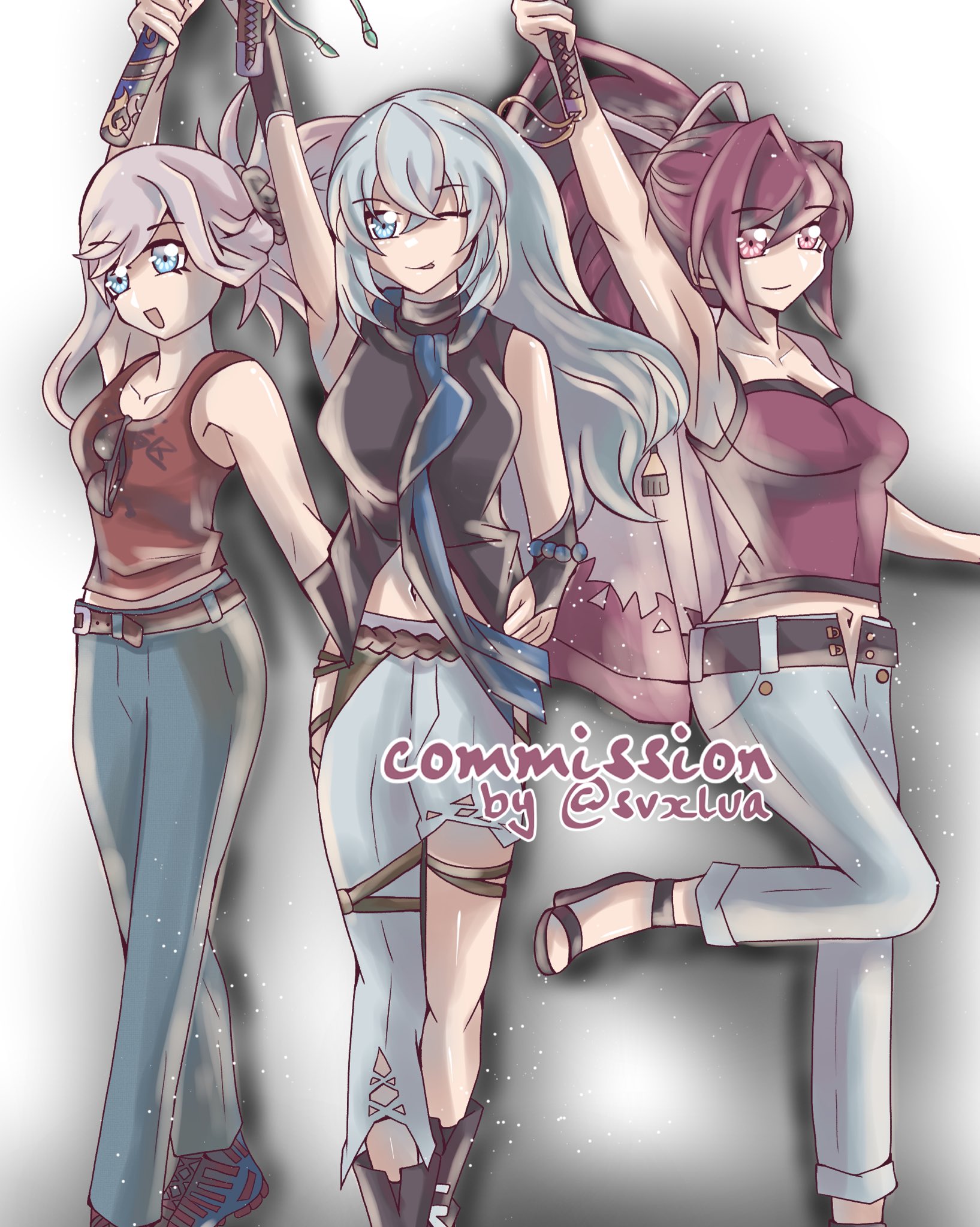 miyamoto musashi (fate), miyamoto musashi (traveling outfit) (fate), shizuna rem misurugi, yuzuriha (under night in-birth), eiyuu densetsu, fate/grand order, fate (series), kuro no kiseki, kuro no kiseki (series), kuro no kiseki ii, under night in-birth, commentary, commission, english commentary, highres, 3girls, antenna hair, armpits, asymmetrical legwear, blue eyes, breasts, closed mouth, crossed bangs, denim, double-parted bangs, english text, hair between eyes, hair intakes, high heels, holding, holding sword, holding weapon, jeans, medium breasts, multiple girls, navel, one eye closed, open mouth, pants, pink hair, ponytail, red hair, simple background, sleeveless, smile, svxlua, sword, tongue, tongue out, torn clothes, torn jeans, torn pants, twitter username, two-tone background, weapon, white background, white hair, yellow eyes