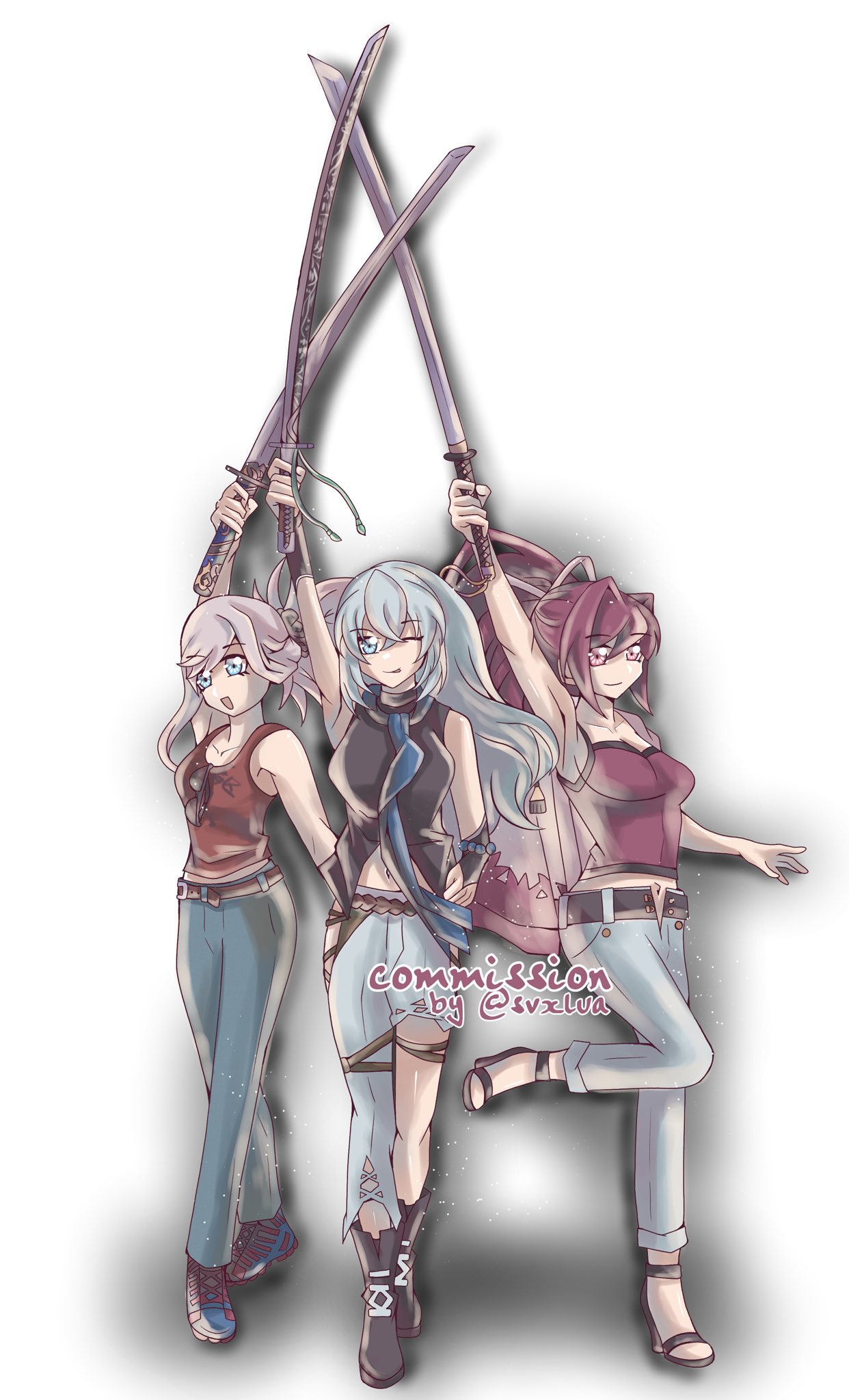 miyamoto musashi (fate), miyamoto musashi (traveling outfit) (fate), shizuna rem misurugi, yuzuriha (under night in-birth), eiyuu densetsu, fate/grand order, fate (series), kuro no kiseki, kuro no kiseki (series), kuro no kiseki ii, under night in-birth, commentary, commission, english commentary, highres, 3girls, antenna hair, armpits, asymmetrical legwear, blue eyes, boots, breasts, closed mouth, crossed bangs, denim, double-parted bangs, english text, full body, hair between eyes, hair intakes, high heels, holding, holding sword, holding weapon, jeans, katana, medium breasts, multiple girls, navel, one eye closed, open mouth, pants, pink hair, pommel tassel, ponytail, red hair, sandals, simple background, sleeveless, smile, svxlua, sword, tongue, tongue out, torn clothes, torn jeans, torn pants, twitter username, two-tone background, weapon, white background, white hair, yellow eyes