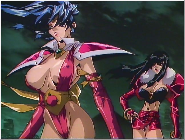 oobari masami, hishizaki shaia (gowcaizer), kubira (gowcaizer), choujin gakuen gowcaizer, technos, anime screenshot, official art, 1990s (style), 2girls, black hair, blue hair, border, breasts, bustier, cameltoe, cleavage, covered erect nipples, huge breasts, leotard, long glove, multiple girls, pyramid (structure), retro artstyle, sideboob, white border, wind