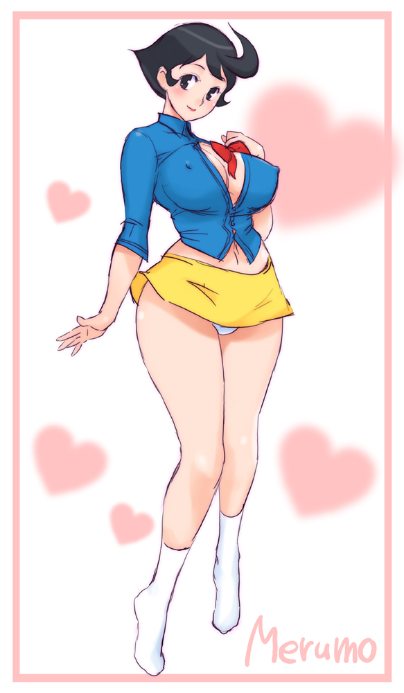shoumaru (gadget box), merumo, fushigi na merumo, shogakukan, tezuka productions, bad id, bad pixiv id, 1970s (style), 1girl, aged up, black eyes, black hair, breasts, cleavage, covered erect nipples, curvy, female focus, hip focus, large breasts, midriff, oldschool, open clothes, open shirt, panties, retro artstyle, ribbon, shirt, short hair, skirt, solo, underwear, wide hips
