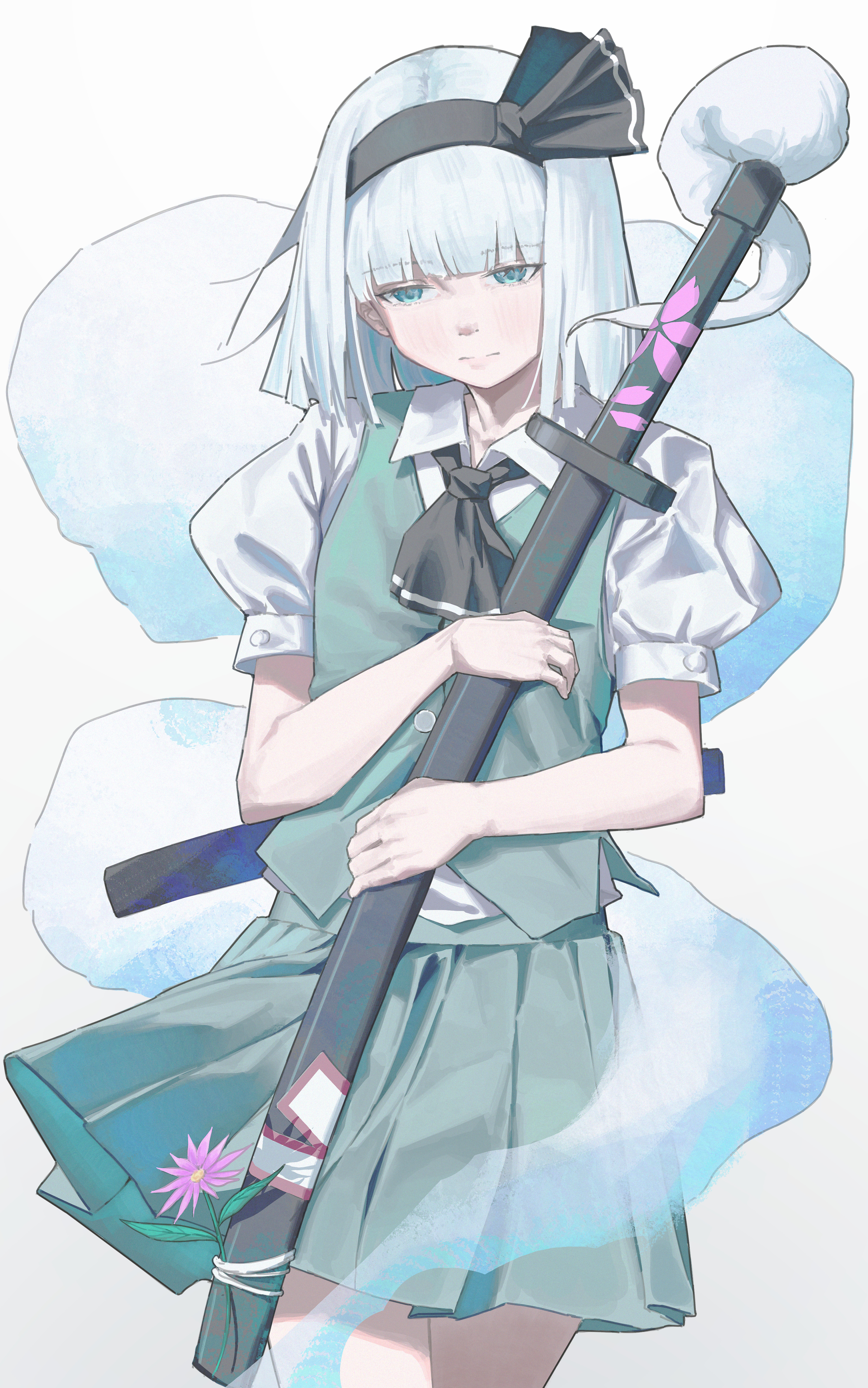 bruce 1354, konpaku youmu, touhou, absurdres, highres, 1girl, black ribbon, blue eyes, bow, ghost, green skirt, green vest, holding, holding weapon, puffy sleeves, ribbon, serious, sheath, shirt, short hair, skirt, solo, standing, sword, vest, weapon, white hair, white shirt