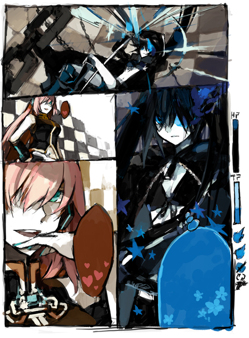 starshadowmagician, black rock shooter (character), megurine luka, black rock shooter, vocaloid, 10s, black hair, comic, green eyes, long hair, pink hair, silent comic, twintails