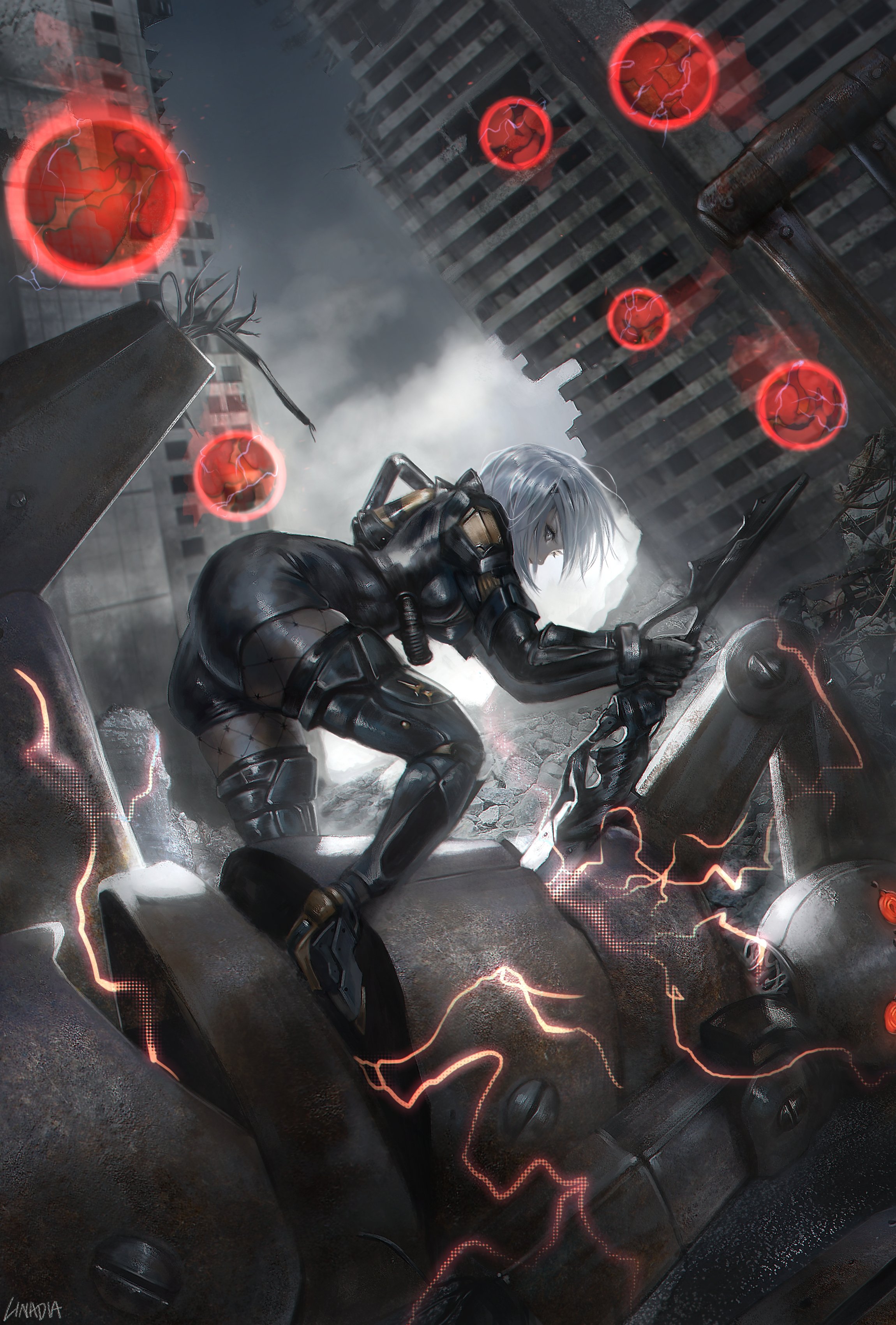 linadia11, 2b (nier:automata), machine (nier), nier:automata, nier (series), absurdres, highres, 1girl, ass, electricity, glowing, glowing eyes, grey hair, holding, holding weapon, official alternate costume, orb, outdoors, red eyes, ruins, signature, weapon