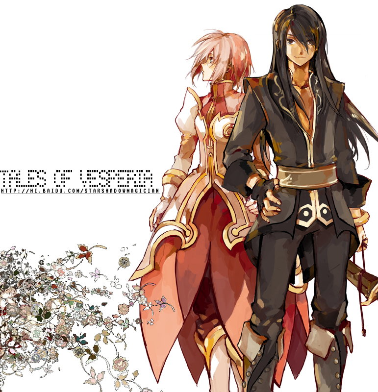 starshadowmagician, estellise sidos heurassein, yuri lowell, tales of (series), tales of vesperia, grey footwear, 00s, 1boy, 1girl, boots, copyright name, green eyes, knee boots, long hair, pink hair
