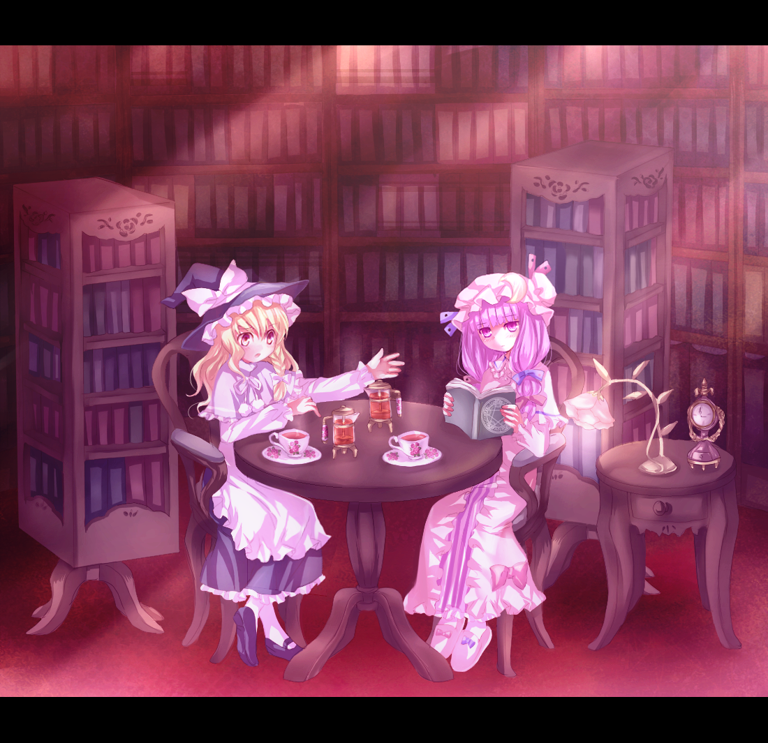 neme, kirisame marisa, patchouli knowledge, touhou, bad id, bad pixiv id, 2girls, blonde hair, book, crescent hat ornament, female focus, hat, hat ornament, letterboxed, library, long hair, multiple girls, purple eyes, purple hair, ribbon, sitting, tea, voile, yellow eyes