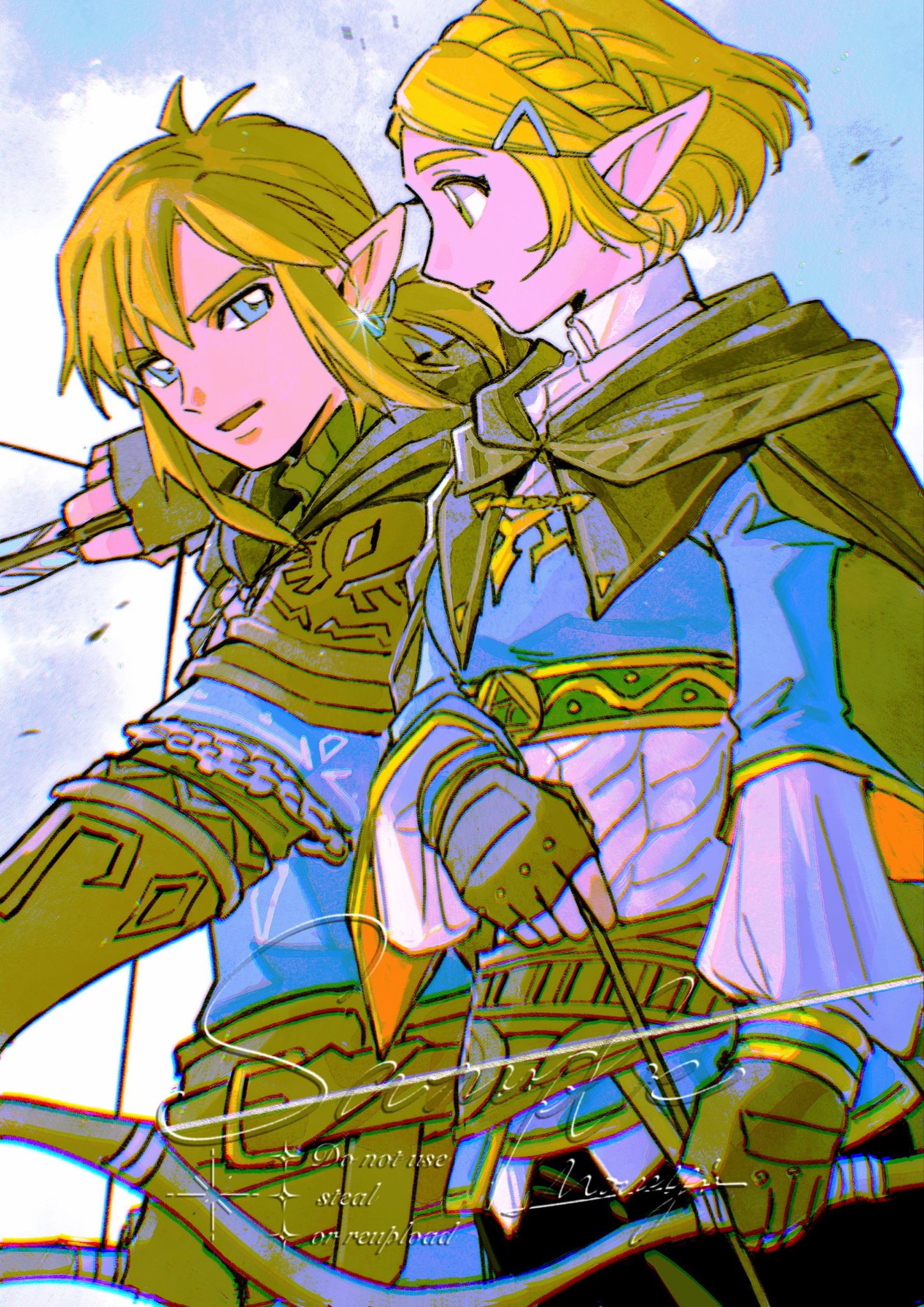 mouyi, link, princess zelda, nintendo, the legend of zelda, the legend of zelda: tears of the kingdom, highres, 1boy, 1girl, archery, armor, artist name, black cloak, black pants, black sweater, blonde hair, blue eyes, blue shirt, blue tunic, bow (weapon), braid, breasts, chainmail, cloak, cowboy shot, crown braid, drawing arrow, earrings, fingerless gloves, gloves, gold trim, green eyes, hair between eyes, hair ornament, hair tie, hairclip, holding, holding bow (weapon), holding weapon, hood, hood down, hooded cloak, jewelry, leather armor, low ponytail, medium breasts, pants, parted bangs, parted lips, pointy ears, ponytail, sample watermark, shirt, short hair, sidelocks, sparkle, sweater, tunic, turtleneck, turtleneck sweater, vambraces, watermark, weapon