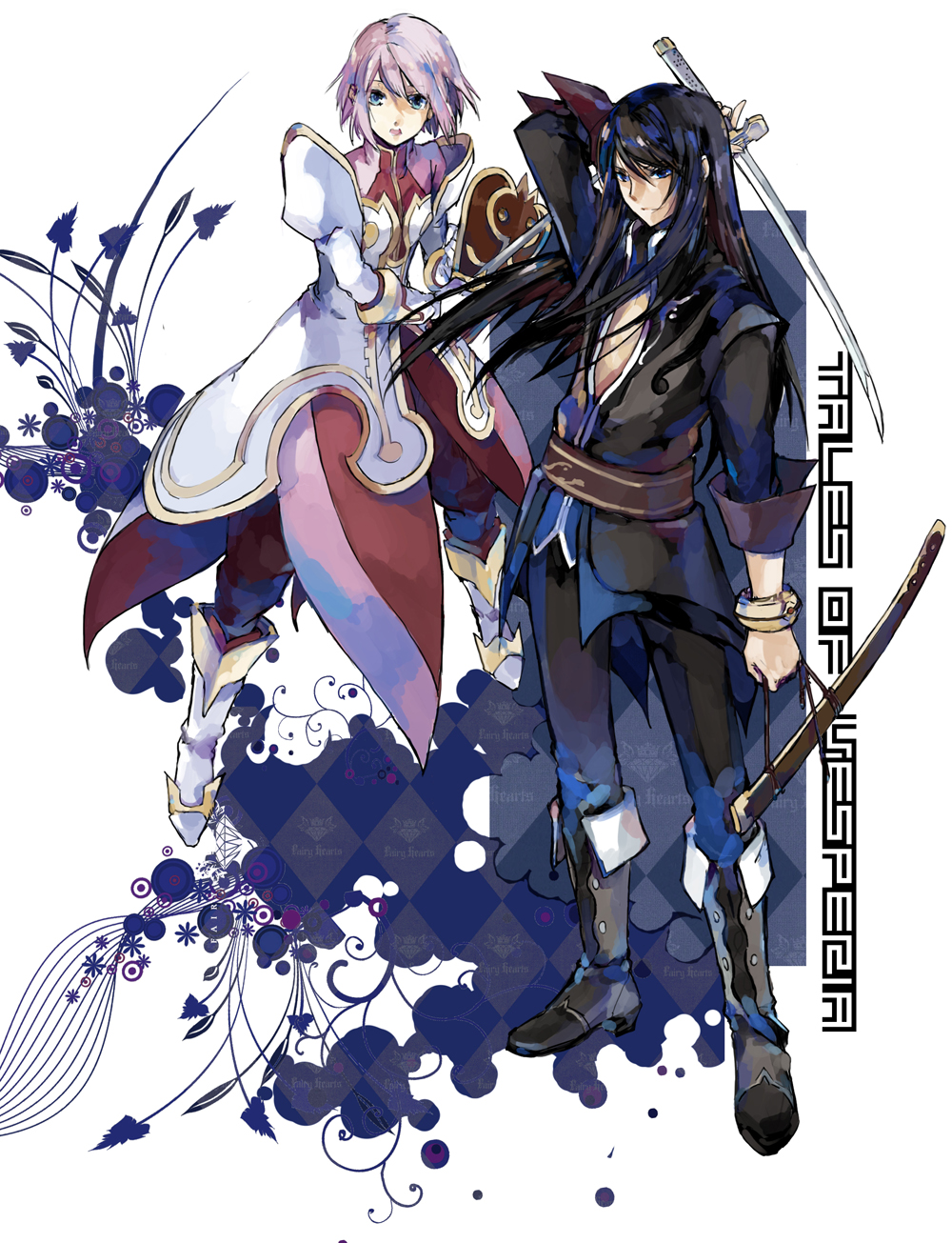 starshadowmagician, estellise sidos heurassein, yuri lowell, tales of (series), tales of vesperia, grey footwear, highres, md5 mismatch, 00s, 1boy, 1girl, black hair, boots, green eyes, knee boots, long hair, pink hair, short hair, sword, weapon