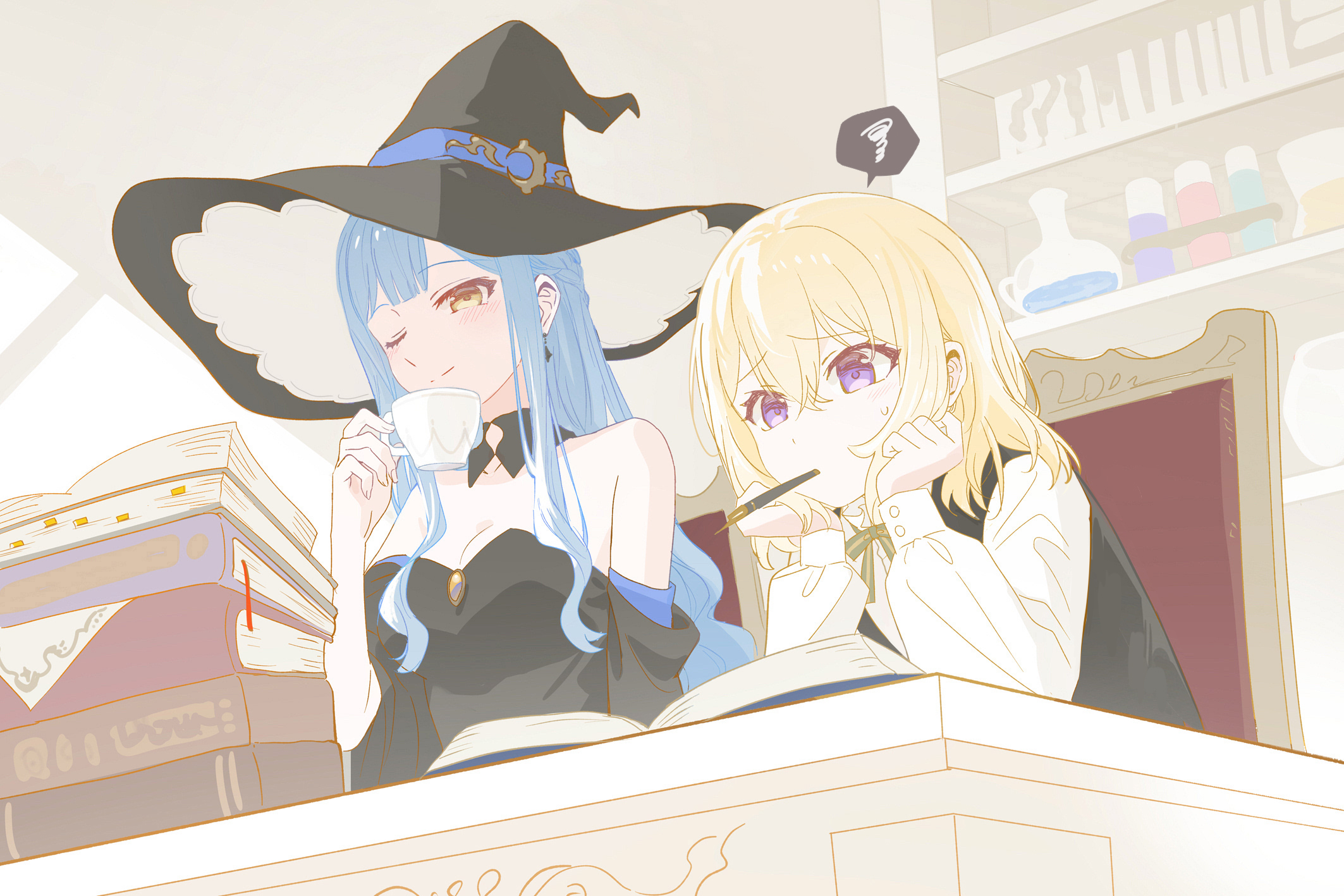 usamin (megumikira), misumi uika, togawa sakiko, bang dream!, bang dream! it's mygo!!!!!, commentary request, highres, 2girls, black dress, blonde hair, blue hair, blush, book, breasts, cleavage, cup, dress, earrings, hair between eyes, hat, holding, holding cup, jewelry, mouth hold, multiple girls, off-shoulder dress, off shoulder, one eye closed, pen in mouth, purple eyes, shirt, sidelocks, spoken squiggle, squiggle, white shirt, witch hat, yellow eyes