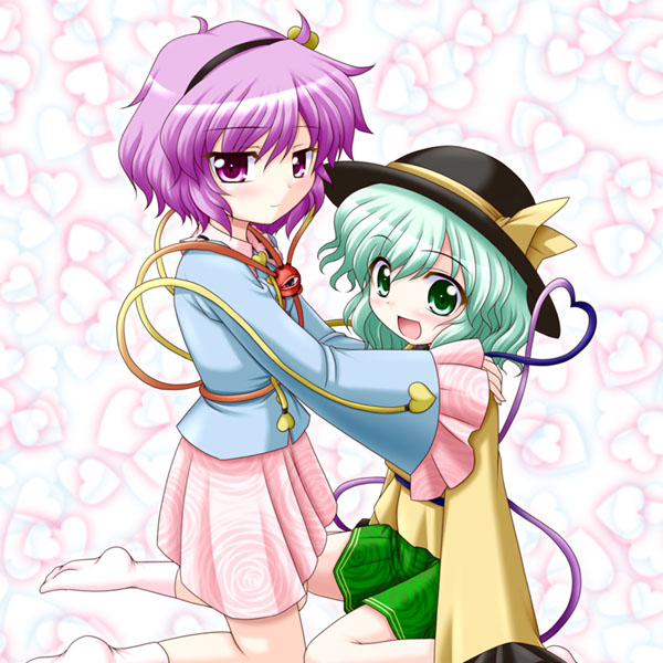 bococho, komeiji koishi, komeiji satori, touhou, 2girls, female focus, green eyes, green hair, hat, heart, multiple girls, purple eyes, purple hair, siblings, sisters, skirt