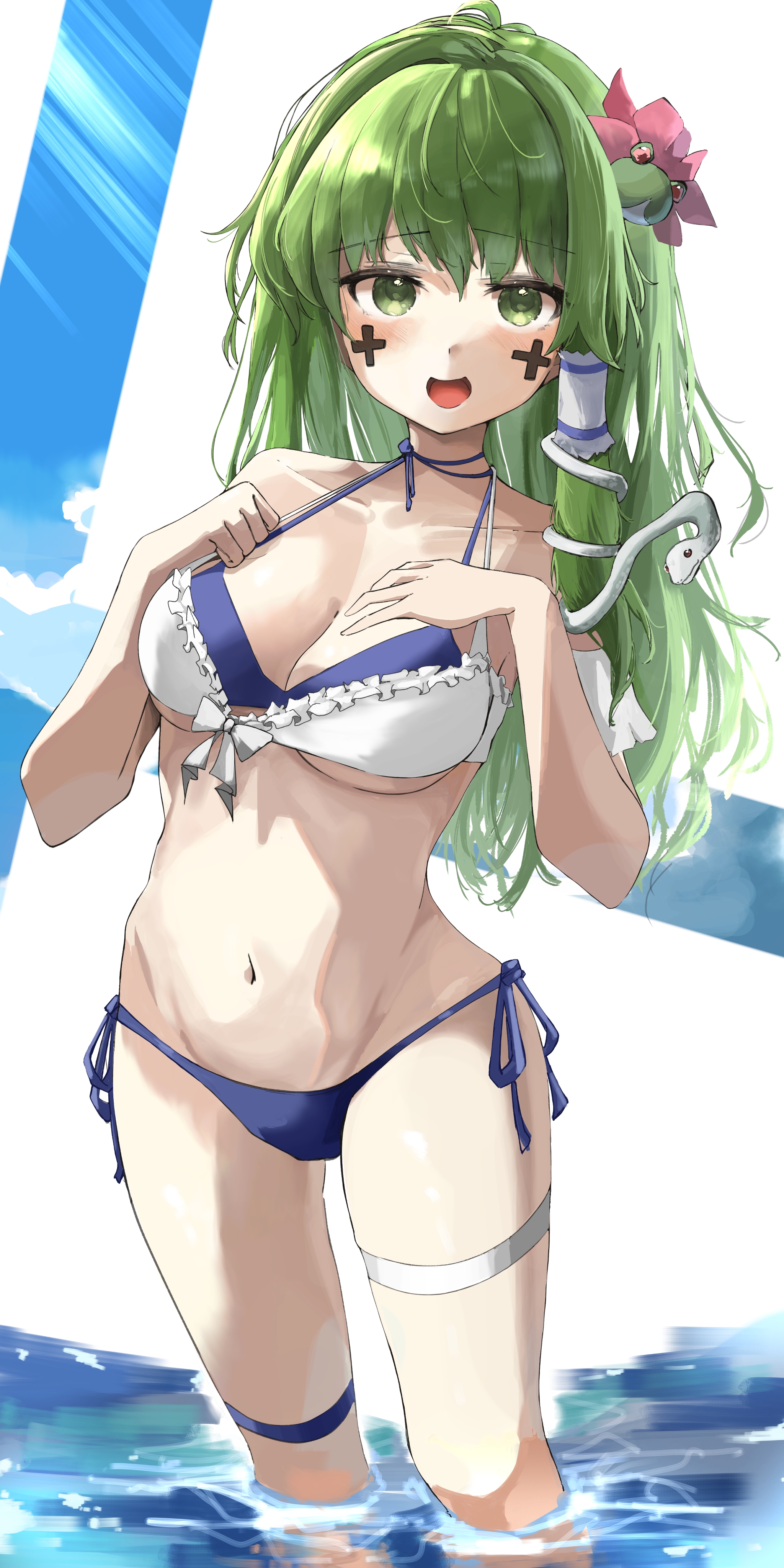 sun kajitsu, kochiya sanae, paseri (cookie), cookie (touhou), touhou, absurdres, highres, 1girl, bikini, blue bikini, breasts, flower, frills, green eyes, green hair, hair flower, hair ornament, large breasts, long hair, open mouth, sky, smile, snake, solo, summer, swimsuit, water, white bikini